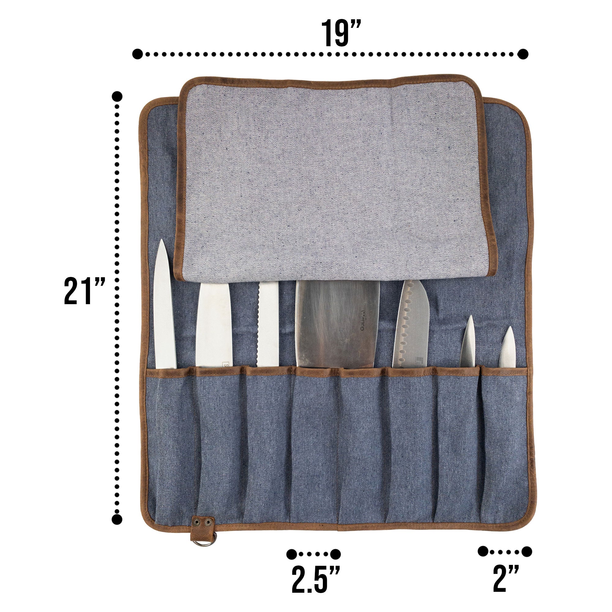 Front view of Hide & Drink Knife Roll With Water Resistant Lining (8 Pockets) demonstrating its durability. A perfect Chef's Knife Roll Bag (8 Pockets) for chefs looking for a portable knife organizer.