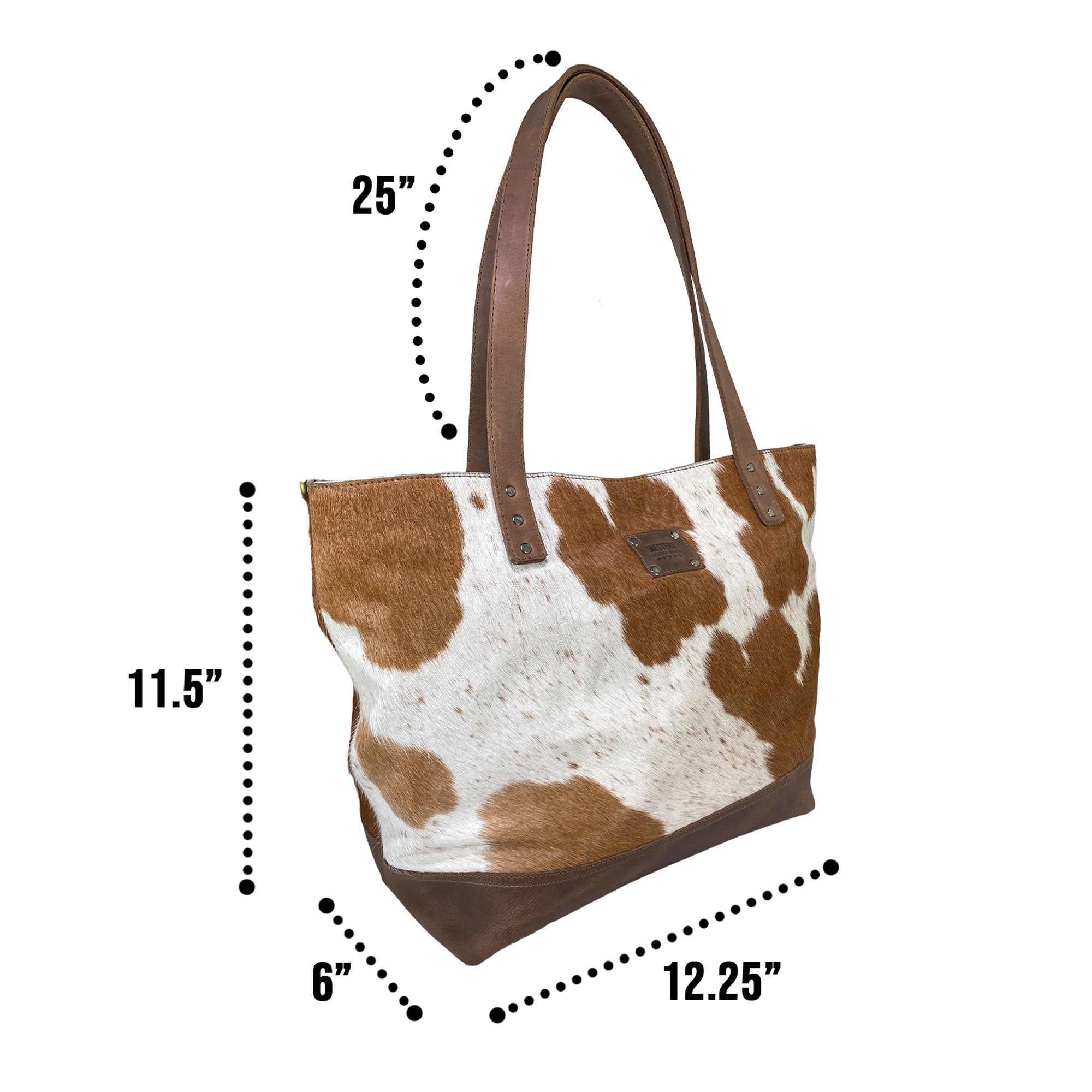 Western Leather Works Formal Tote Bag showcasing the dimensions and craftsmanship details. Made from Hair on Hide Full Grain Leather, this tote features a spacious design, ideal for versatile use. Each bag is hand cut and hand sewn for durability and quality, lined with plaid cotton interior. Artisan, handmade in La Antigua Guatemala & Oaxaca Mexico.