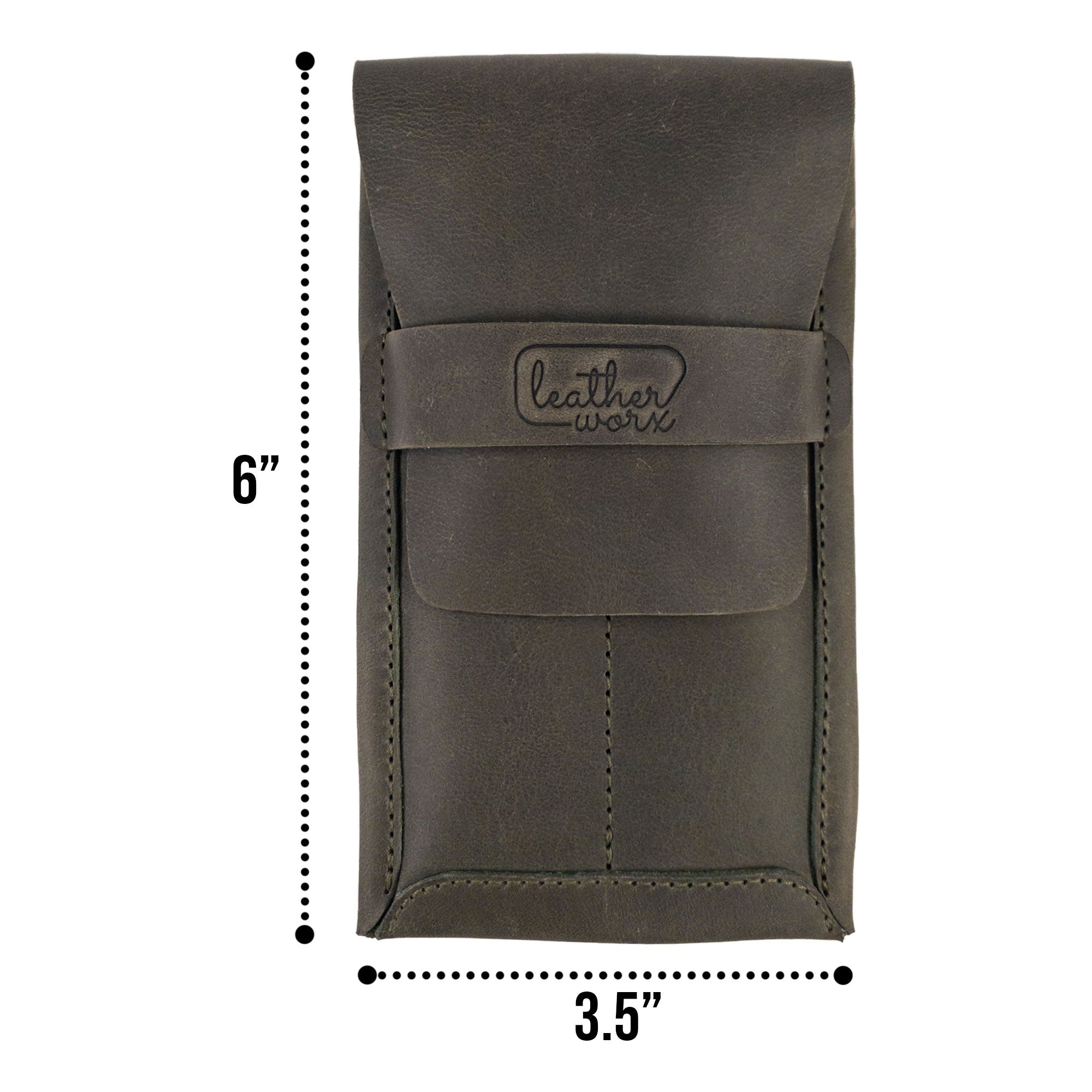 Dimensions of the Leather Worx Double Pen Case outlined, emphasizing its compact size made from Full Grain Leather. This handmade artisan accessory showcases craftsmanship with Small Batch Production, Fire Branded details, and is Hand Cut and Hand Sewn.