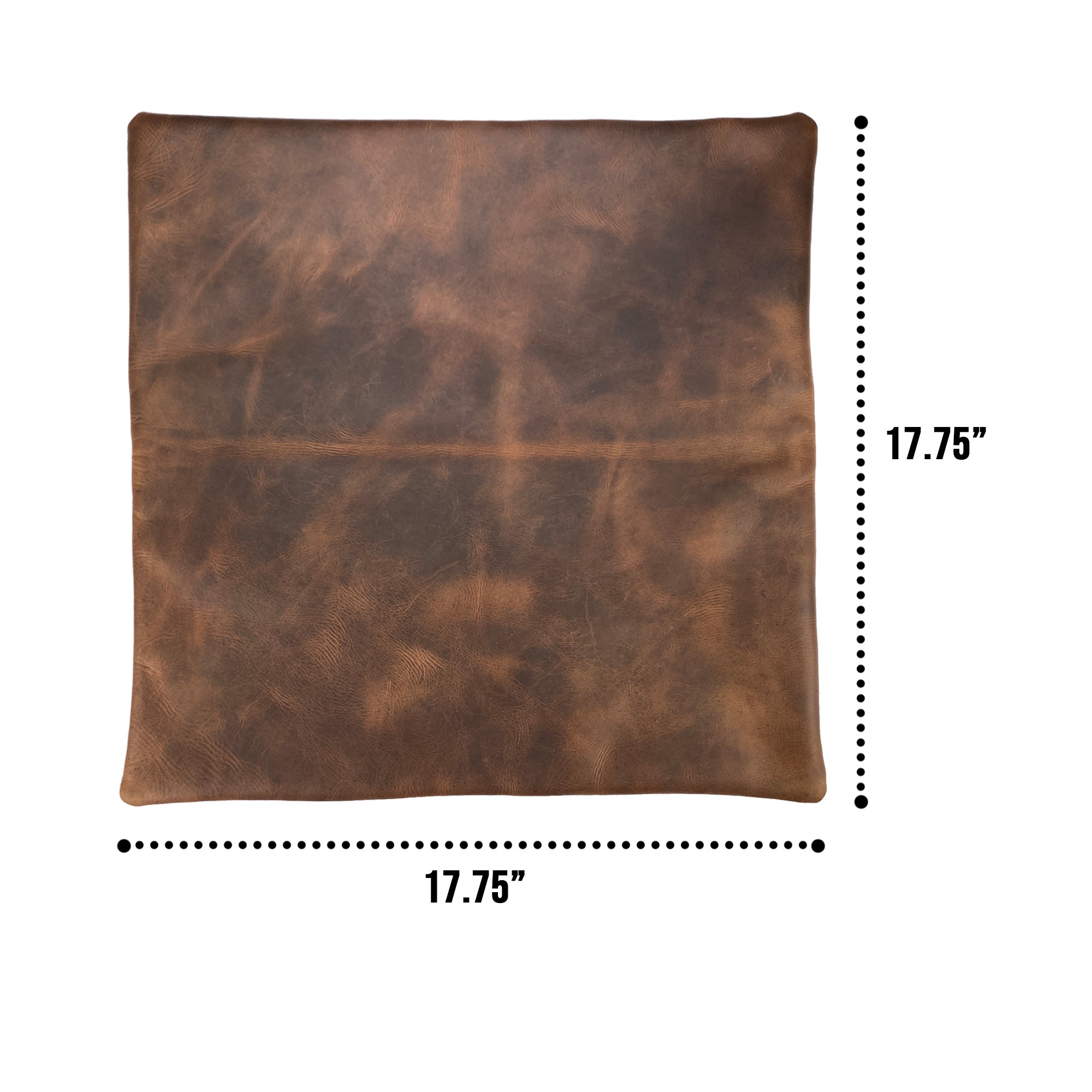 A detailed measurement view of the Leather Pillow Cover 18 x 18 In. by Leather At Home, providing dimensions and confirming its high-quality full grain leather craftsmanship. Decorative Pillowcase (18 x18 inches) (Stuffing NOT Included) Wonder-Home Luxury Style, Standard Throw Cushion Covers, Full Grain Leather, StockyardX, Small Batch Production, Hand Cut, Hand Sewn, Fire Branded, Artisan, Handmade in La Antigua Guatemala & Oaxaca Mexico.