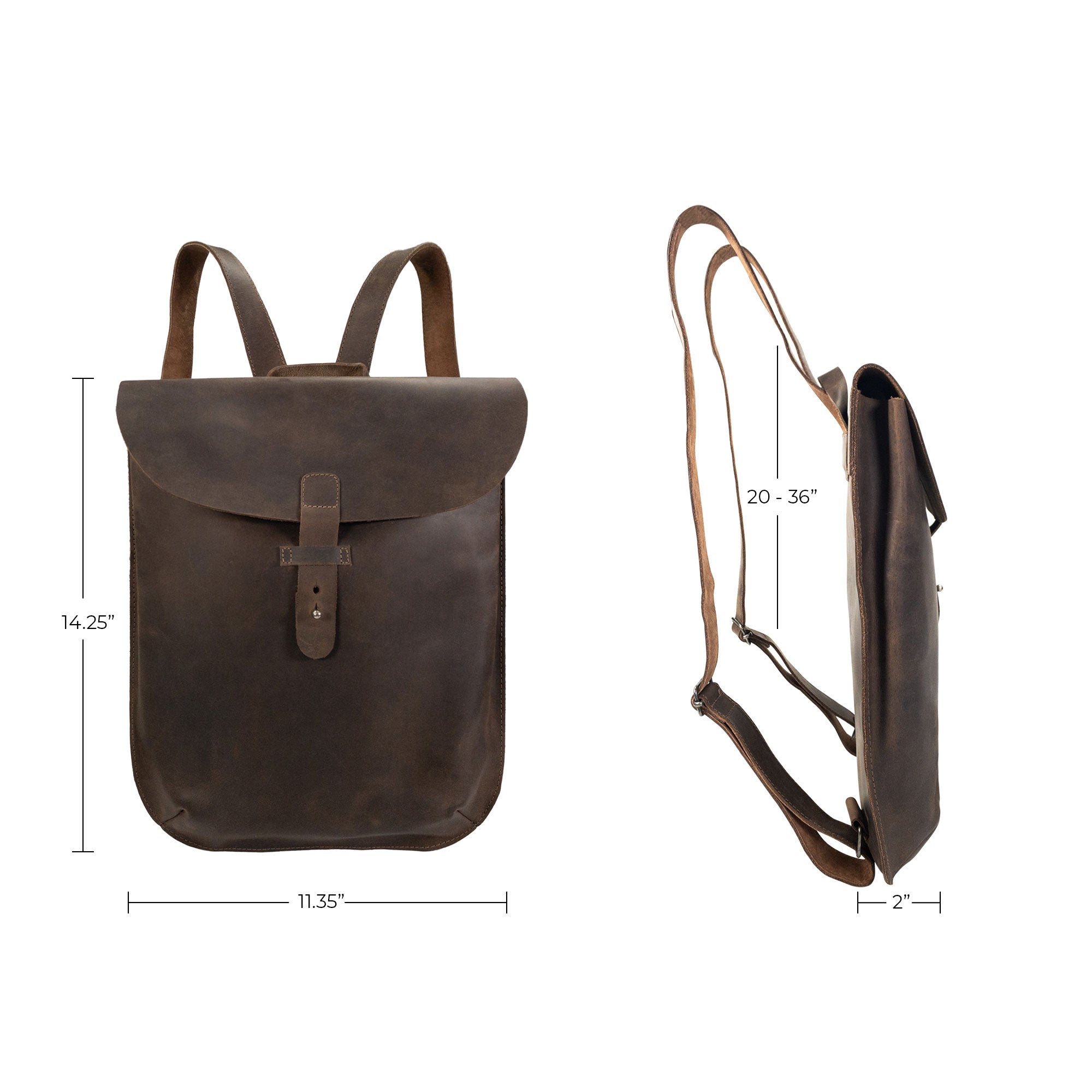 Specifications of Hide & Drink's Rounded Laptop Backpack with Adjustable Straps highlighting its dimensions. This full grain leather creation makes an ideal portable case and travel accessory, showcasing artisan skills from La Antigua Guatemala & Oaxaca Mexico, emphasizing small batch production.