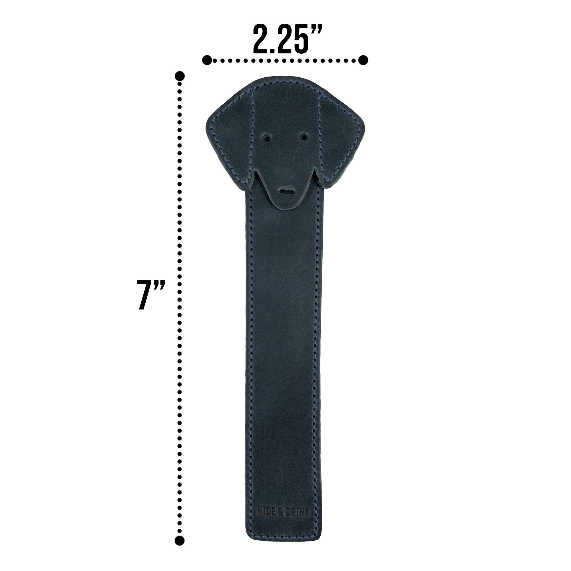 Hide & Drink's dimensions of the navy Dog Bookmark showcasing its Full Grain Leather design. This handmade bookmark embodies artisan craftsmanship with small batch production and fire branding, made in La Antigua Guatemala & Oaxaca Mexico.