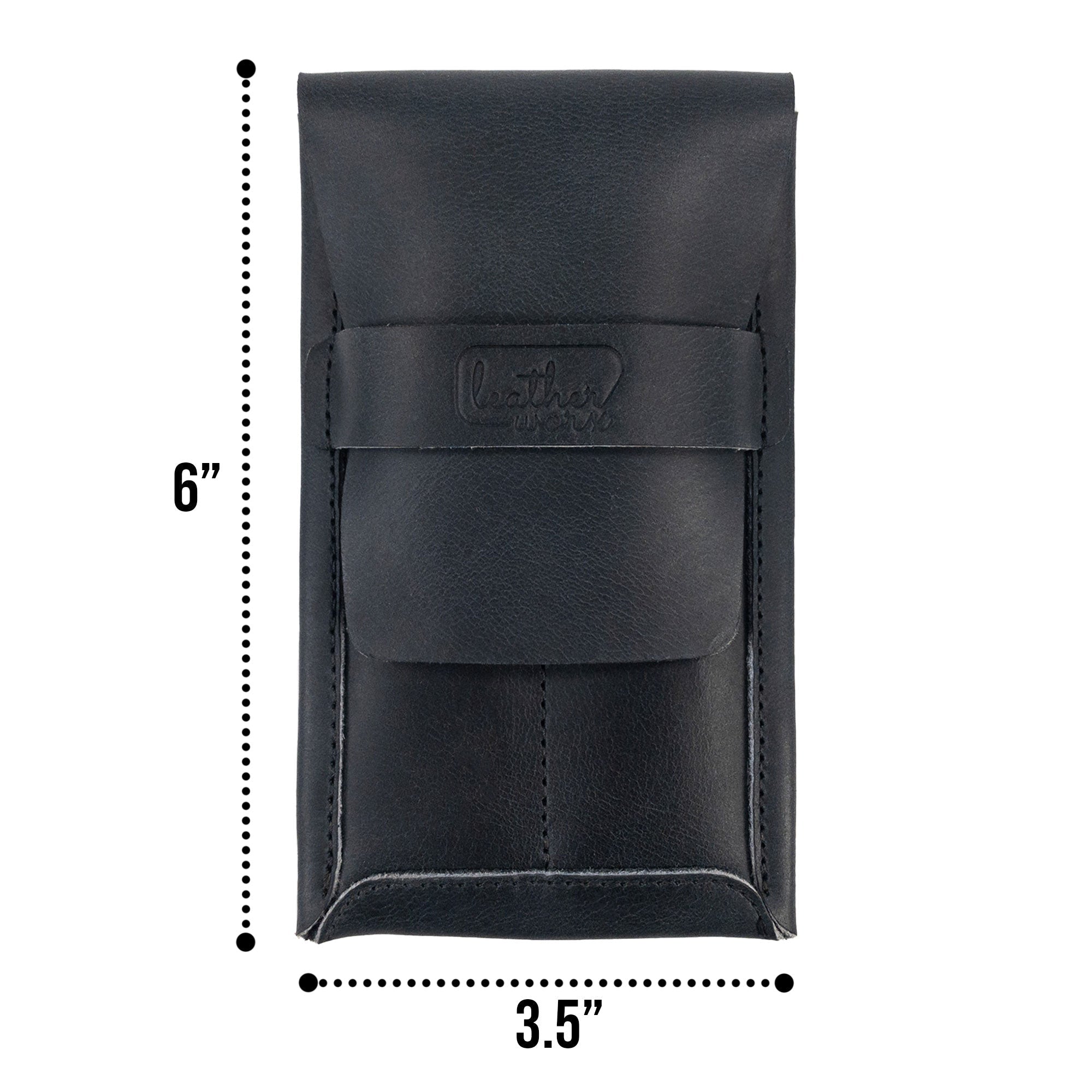 Dimensions of the Leather Worx Double Pen Case, measuring 3.5 x 6 inches. This Full Grain Leather accessory highlights the quality of small batch production, featuring hand cut and hand sewn craftsmanship. Perfectly made by artisans in La Antigua Guatemala.