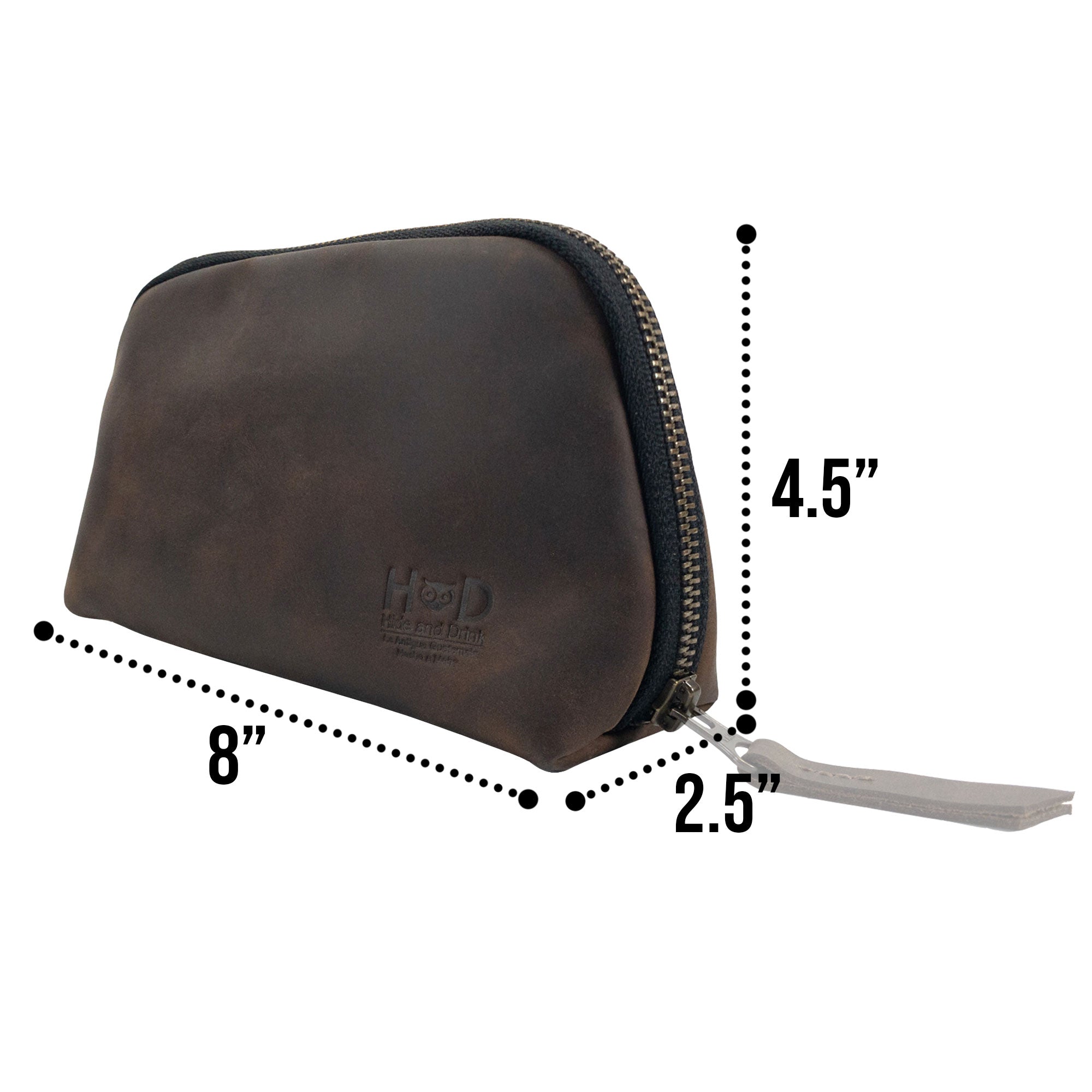 Dimensions of Hide & Drink's Small Tech Organizer highlighted, showcasing its compact design as a zippered bag. This functional small tech organizer is crafted from durable full grain leather, making it a stylish travel accessory handmade in La Antigua Guatemala & Oaxaca Mexico.