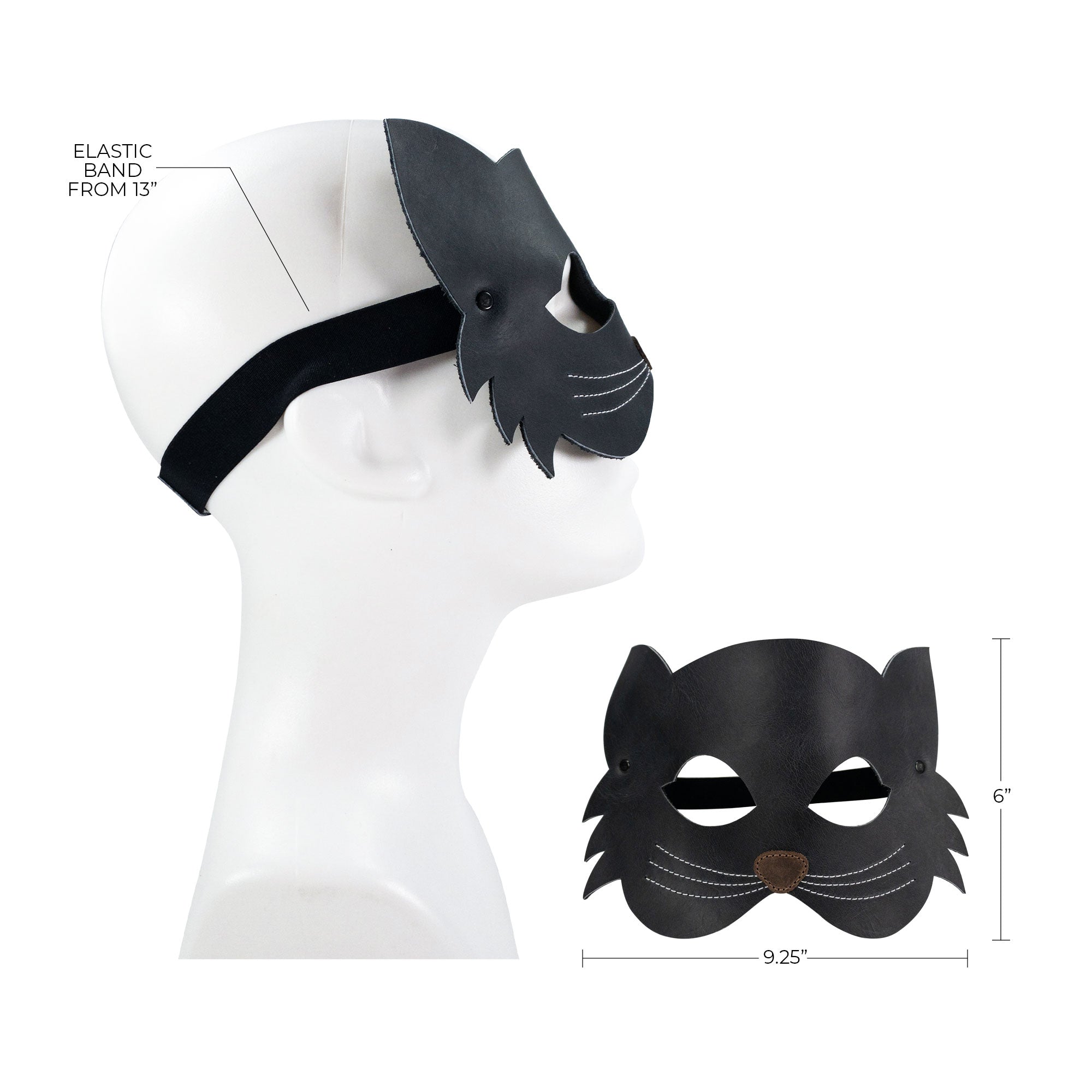 Image of the Cat Shape Face Mask by Hide & Play, displayed with its dimensions, crafted from high-quality full grain leather. This unique accessory, designed for enthusiasts of feline fashion, represents the artisan skill of La Antigua Guatemala with small batch production methods and hand-sewn precision.
