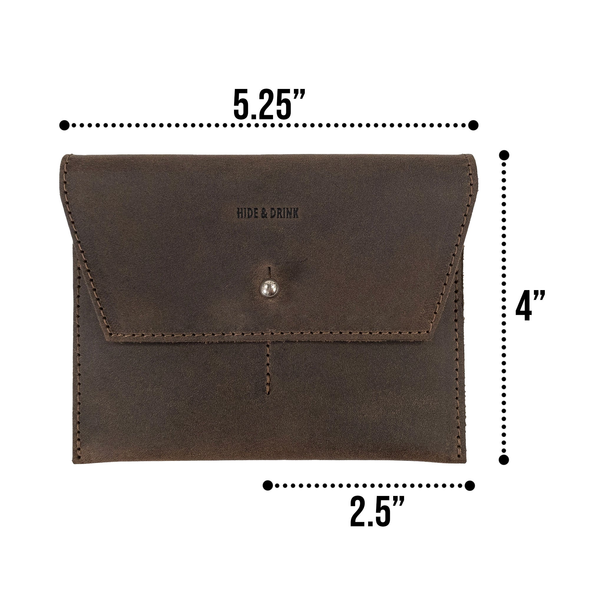 Dimensions of Hide & Drink Minimalist Wallet displayed with measurements, emphasizing its compact size. This durable cash organizer is handcrafted from full grain leather, embodying small batch production principles by artisans in La Antigua Guatemala & Oaxaca Mexico.
