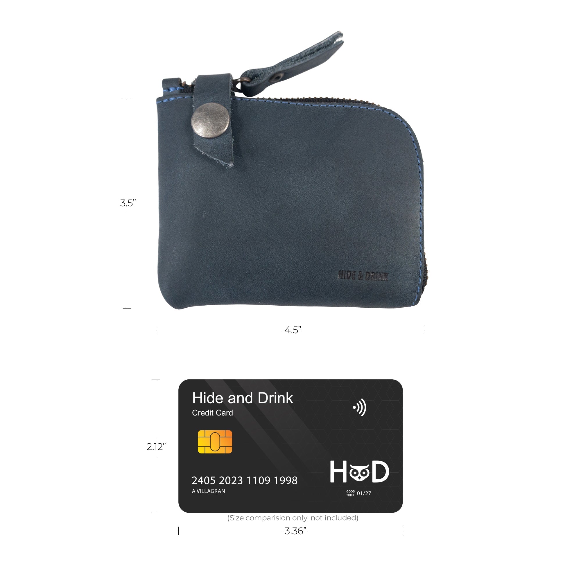 Size and comparison of the Lion's Mane Zippered Wallet by Hide & Drink with a credit card. A mini wallet that combines functionality with artisan craftsmanship.