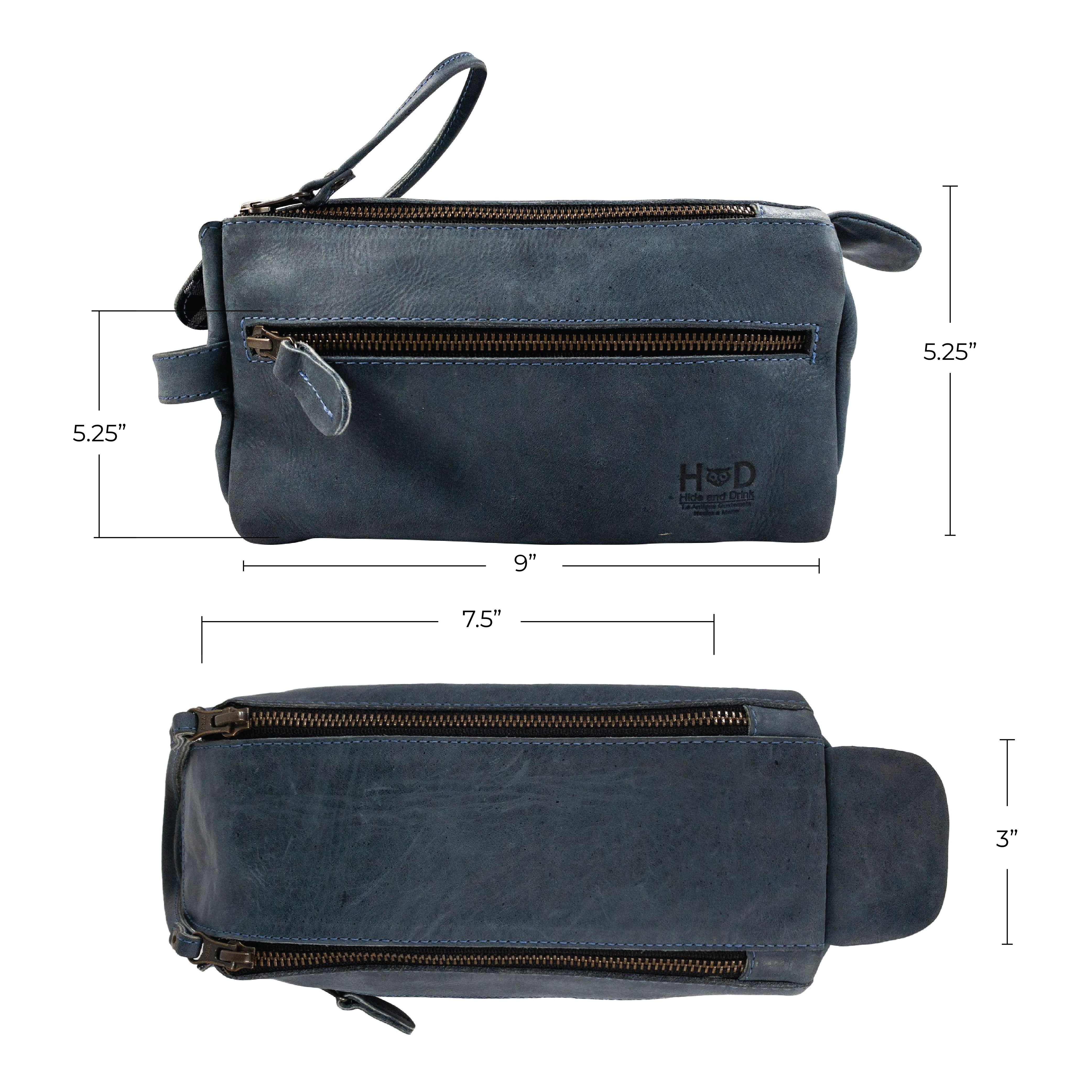 Hide & Drink's Toiletry Bag displayed alongside grooming products, emphasizing its functionality. This Full Grain Leather Toiletry Bag is a stylish Hand Bag and Dopp Kit Organizer. StockyardX, Handmade, S.