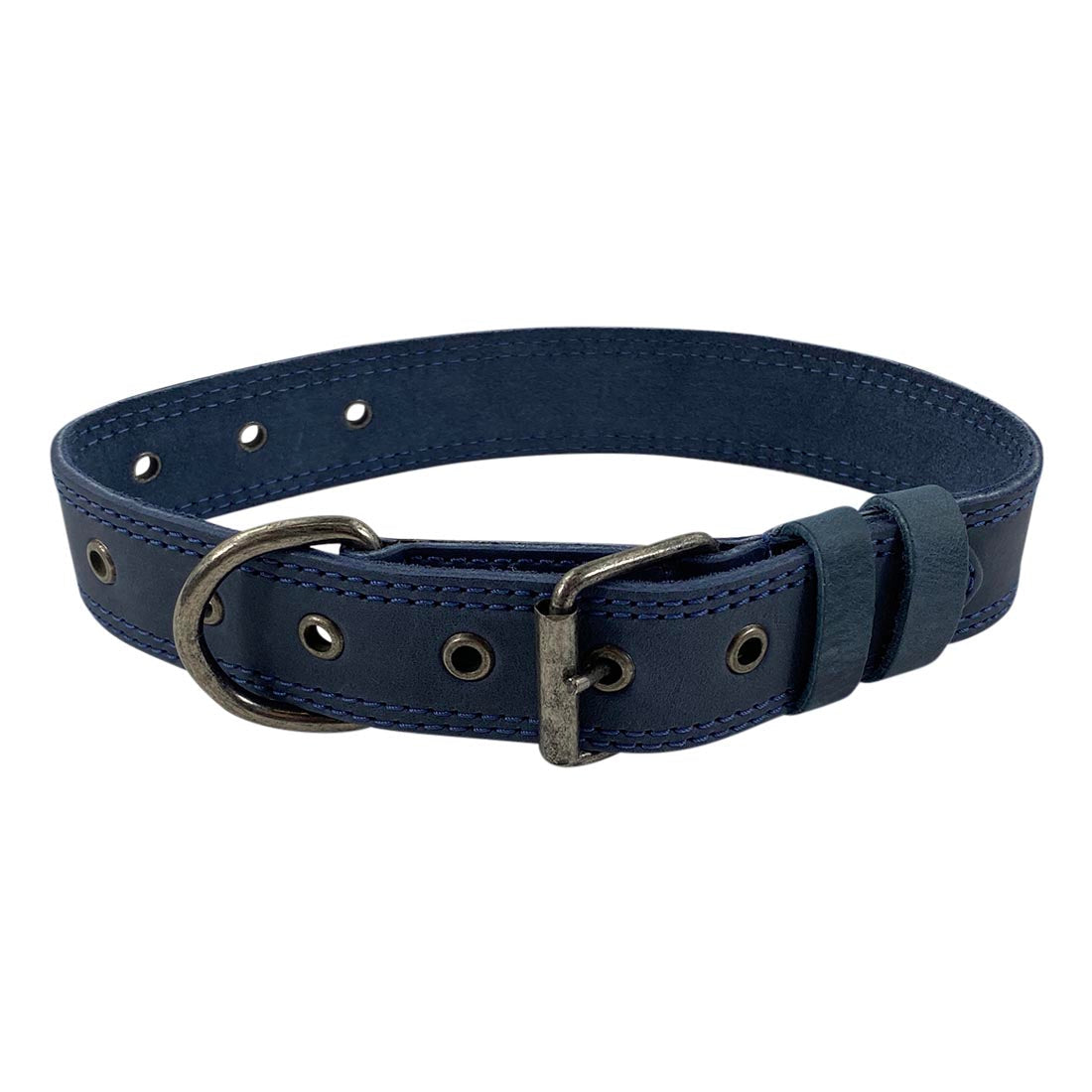 Long view of Taco Dog Black Leather Dog Collar showcasing its sleek design in full grain leather, ideal for medium to large dogs. Features an adjustable buckle and sturdy metal D ring, handcrafted in La Antigua Guatemala.
