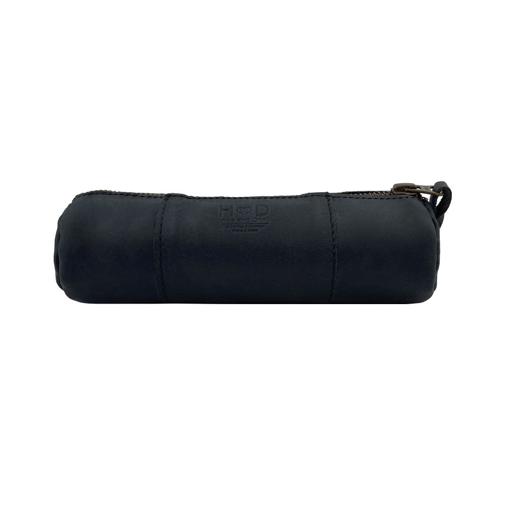 Utility Cylinder Case by Hide & Drink showcasing a sleek black leather finish. This handmade, artisan bag is designed for organizing personal items and office supplies, crafted from durable Full Grain Leather. Cylinder Case, Classic Bag, Rustic.