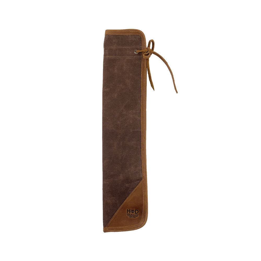 Open view of the brown Hide & Drink Drummstick Bag showing the interior, designed to hold drumsticks securely. Made of durable Waxed Canvas & Full Grain Leather, this Drumstick Bag Holder is essential for drummers and reflects the artisanal quality of small batch production from La Antigua Guatemala & Oaxaca Mexico.