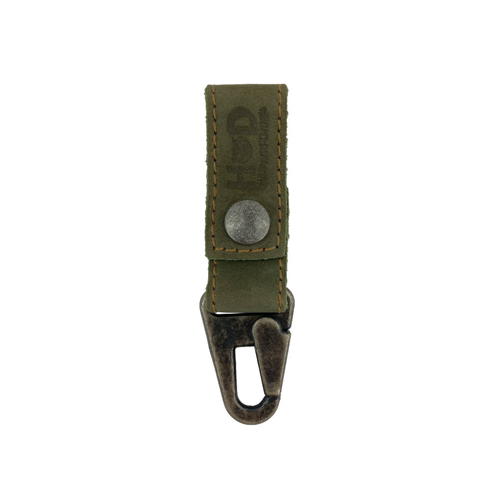 Hide & Drink Key Ring Holder in olive green, showcasing the back design. Made of premium Full Grain Leather, this artisan accessory exemplifies Small Batch Production with Hand Cut and Hand Sewn attention to detail.