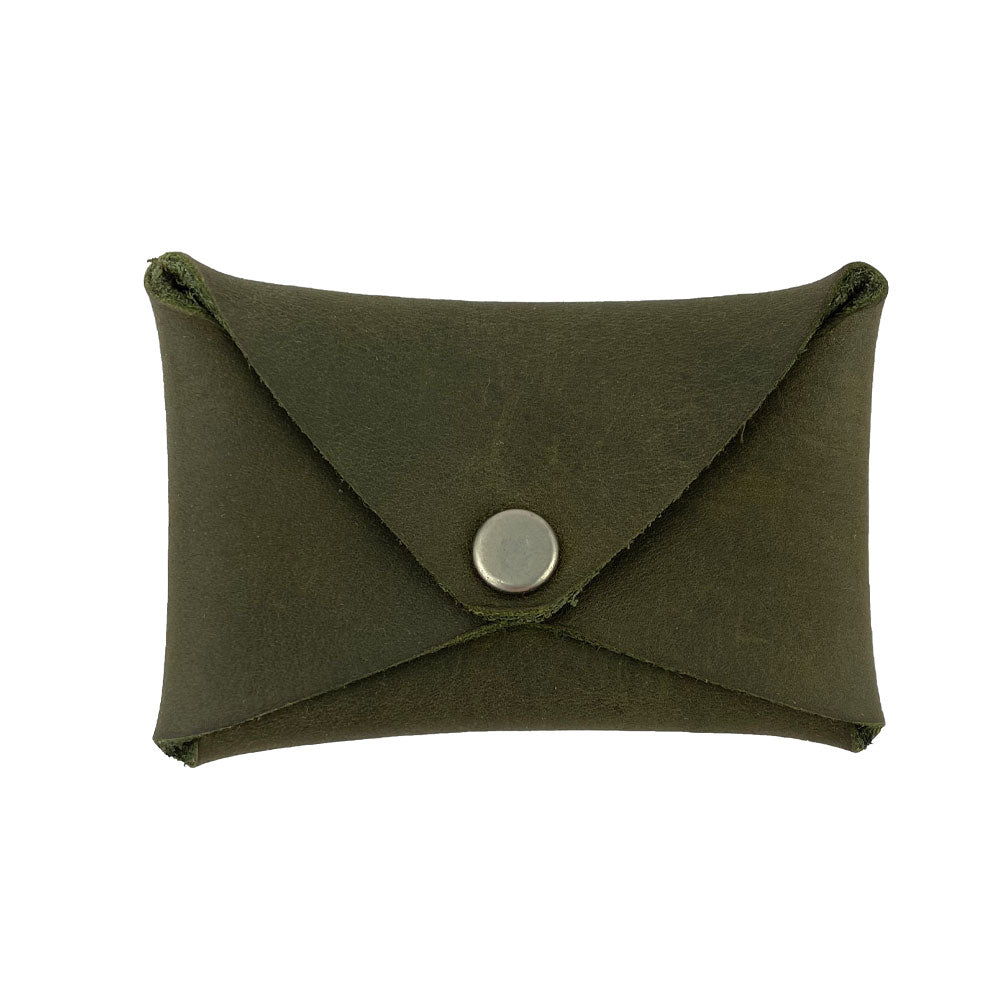 Hide & Drink Envelope Coin Case in olive green leather, showcasing a rustic and stylish design. This artisan-crafted item embodies full grain leather quality and is handmade in La Antigua Guatemala & Oaxaca Mexico.