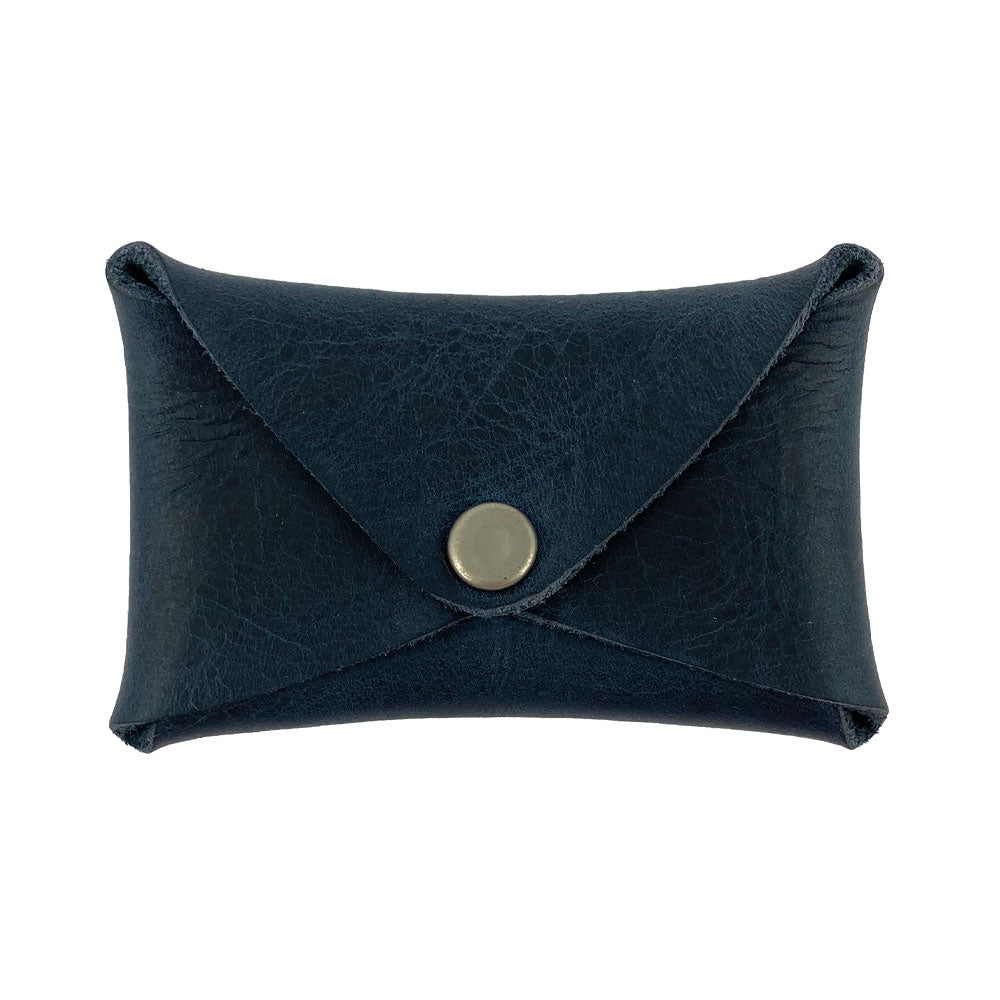 Hide & Drink Envelope Coin Case in navy leather, featuring a stylish and rustic design. This artisan-crafted wallet is made from full grain leather, highlighting small batch production in La Antigua Guatemala & Oaxaca Mexico.