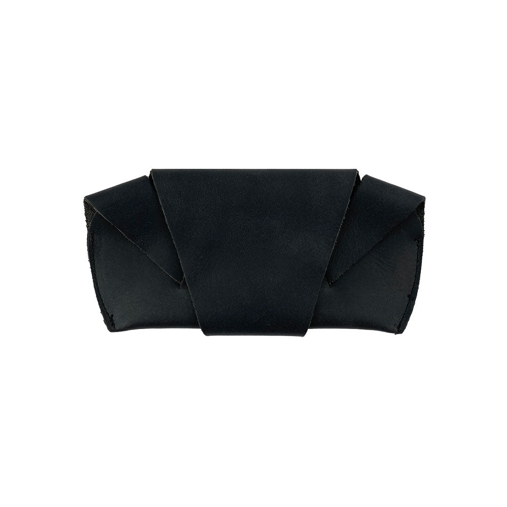 Front view of the black Foldable Sunglass Case by Hide & Drink, featuring a sleek design. This artisan accessory, crafted from Full Grain Leather, showcases remarkable hand cut and sewn details.