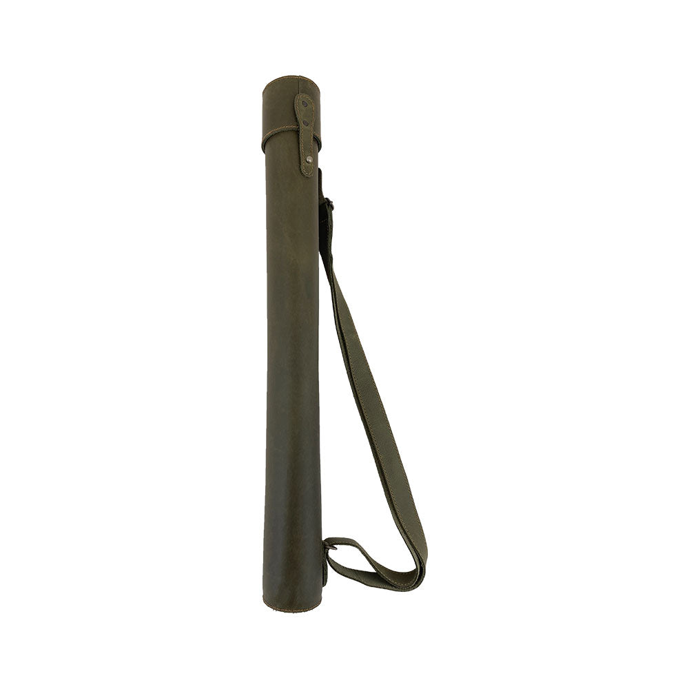 Hide & Drink's Blueprint Tube (A2 Paper Size) displayed with architectural plans in olive green. This full grain leather document storage solution features an adjustable strap, combining artisan craftsmanship with practical use, showcasing StockyardX's handmade quality from La Antigua Guatemala & Oaxaca Mexico.