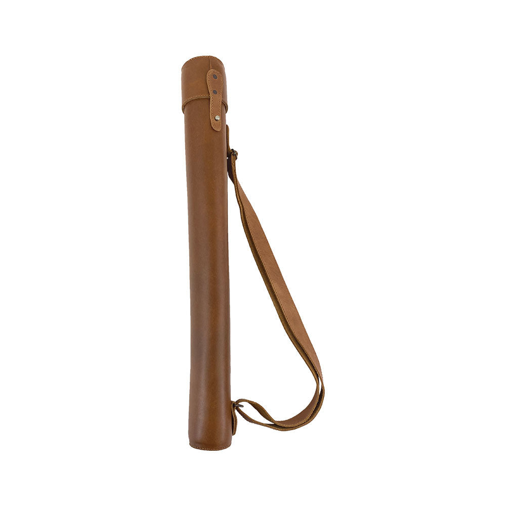 Detailed view of Hide & Drink's Blueprint Tube (A2 Paper Size), demonstrating the interior and secure clasp. A perfect document storage solution, this full grain leather tube features an adjustable strap, representing artisan craftsmanship from StockyardX, handmade in La Antigua Guatemala & Oaxaca Mexico.