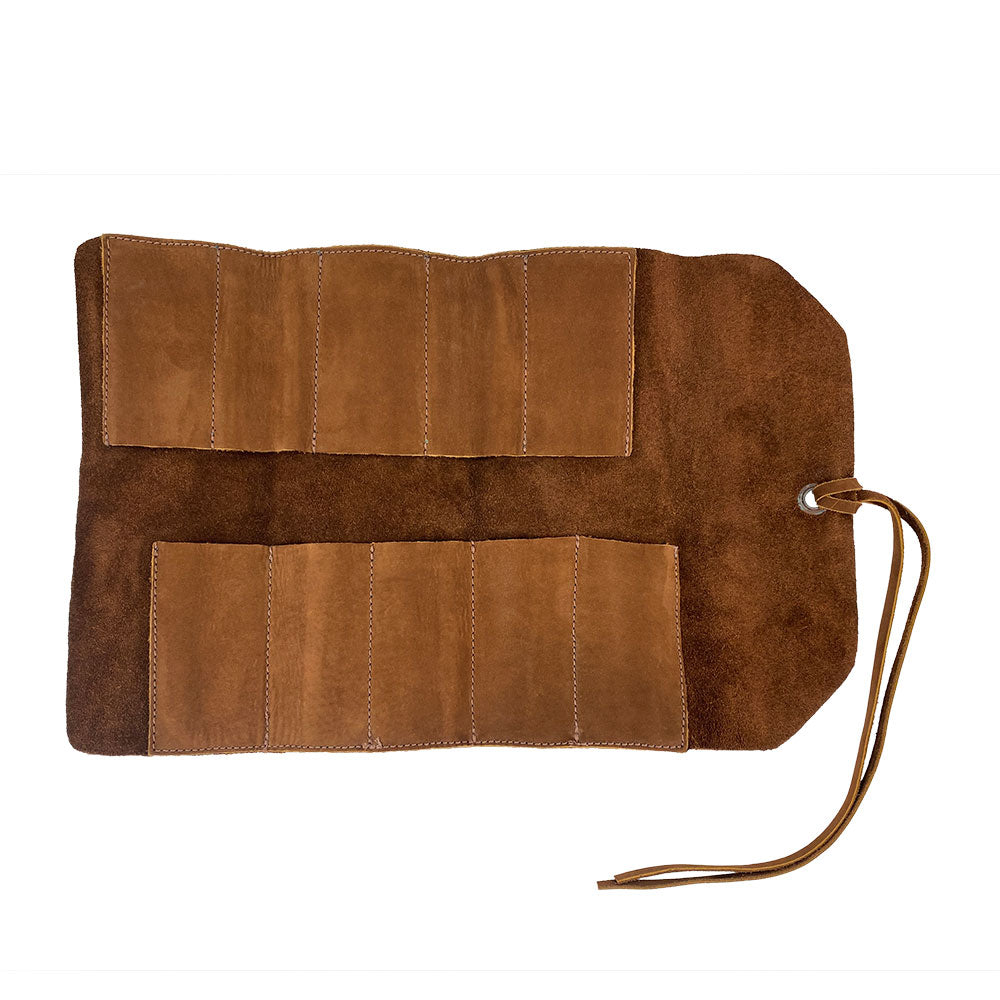 Hide & Drink Tool Roll showcases a practical small tool roll-up bag with 10 slots, composed of durable full grain leather. A perfect portable carry-on pouch for organizing woodworking tools, it caters to diverse workshop storage needs. Each item is diligently hand cut and sewn in La Antigua Guatemala & Oaxaca Mexico, celebrating artisan craftsmanship.