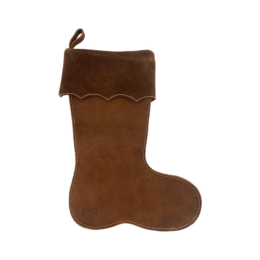 Hide & Drink's Christmas Stocking Boot crafted from soft suede leather, perfect for hanging by the fireplace as a Traditional Santa Stocking. This rustic Christmas stocking features authentic Full Grain Leather and is handmade in La Antigua, Guatemala & Oaxaca Mexico, making it a unique addition to your Xmas Tree Rustic Ornaments.