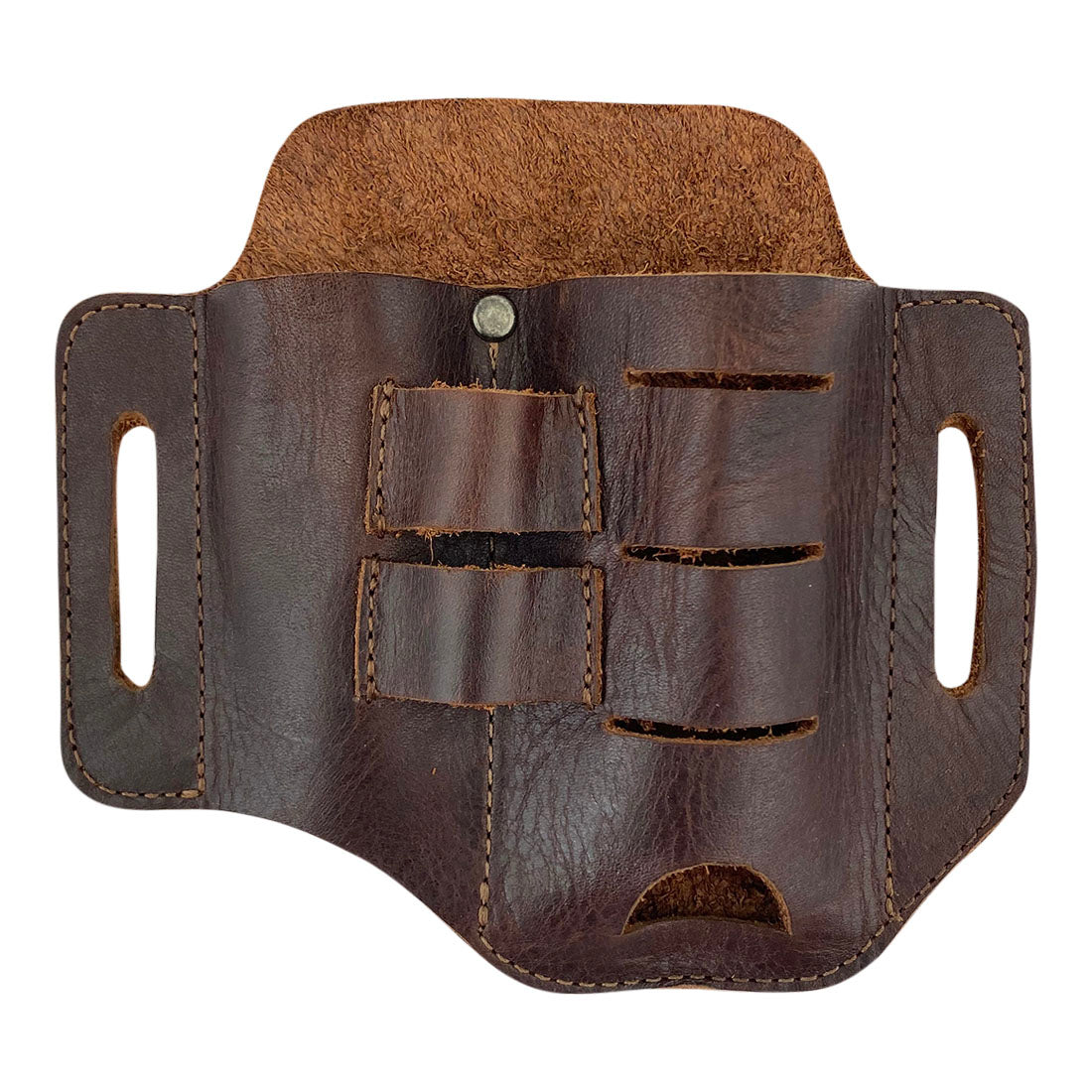 Close-up view of the Urban Tactical Tool Holster by Hide & Drink, showcasing its durable full grain leather construction with pockets for tools. This Urban Tactical Tool Holster - Durable Accessory for Carrying Tools with Easy Belt Attachment - Great for Multi-Tool, Pliers, Flashlight, features artisan craftsmanship, hand cut and sewn, made in La Antigua Guatemala & Oaxaca Mexico.