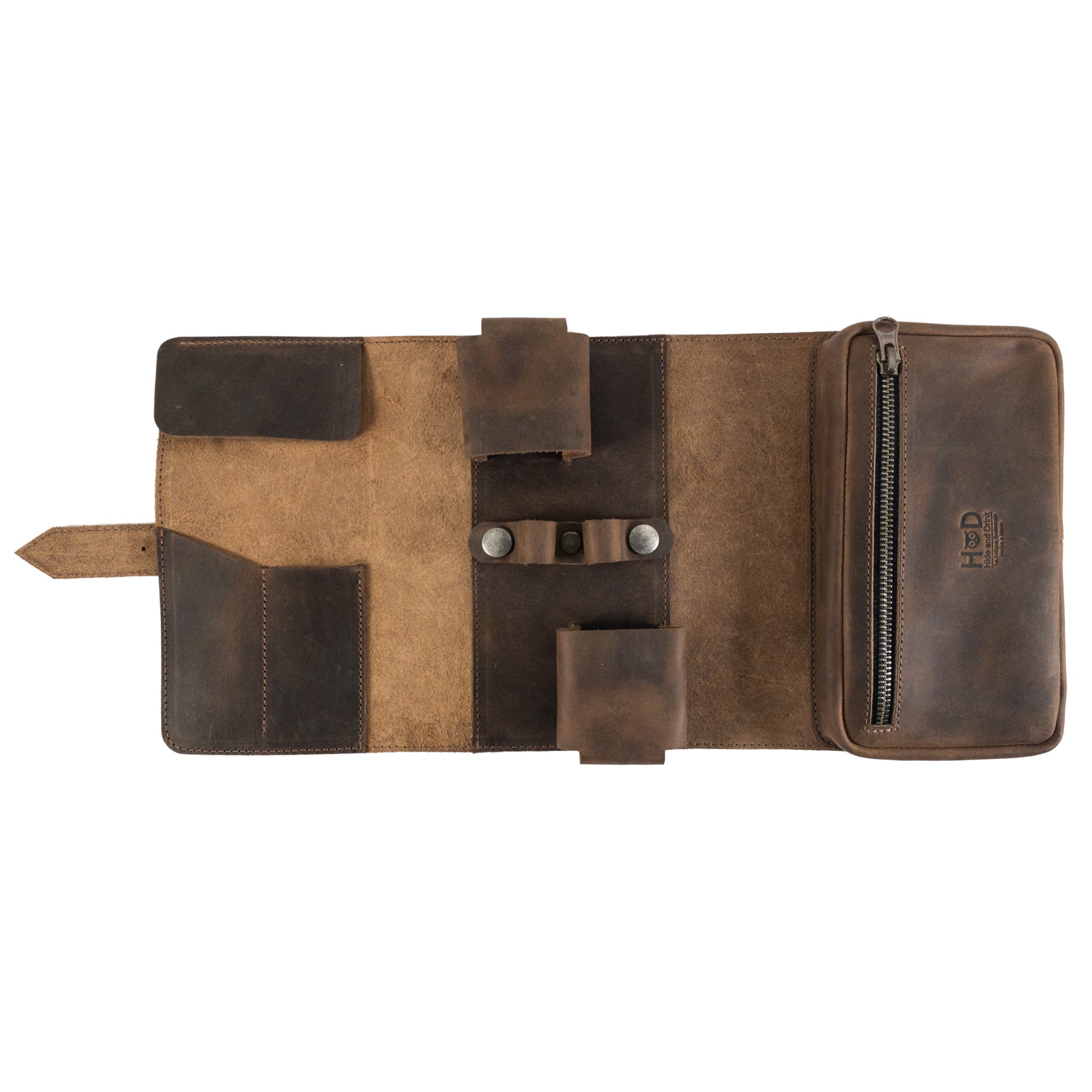 Interior of the brown version of the Hide & Drink Double Pipe Tobacco Pouch, emphasizing functional compartments and made from Full Grain Leather, hand cut and sewn in Guatemala.