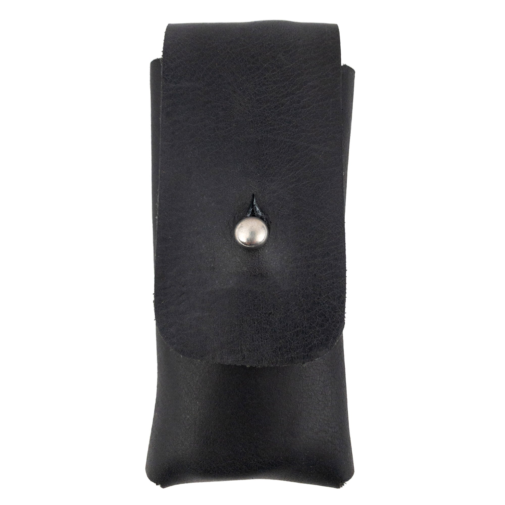 Sleek Hide & Drink Knife Case in black full grain leather. This riveted Swiss knife case serves as a stylish holster and protector, ideal for camping and hiking enthusiasts. Hand sewn and crafted in small batches by artisans in Oaxaca Mexico.
