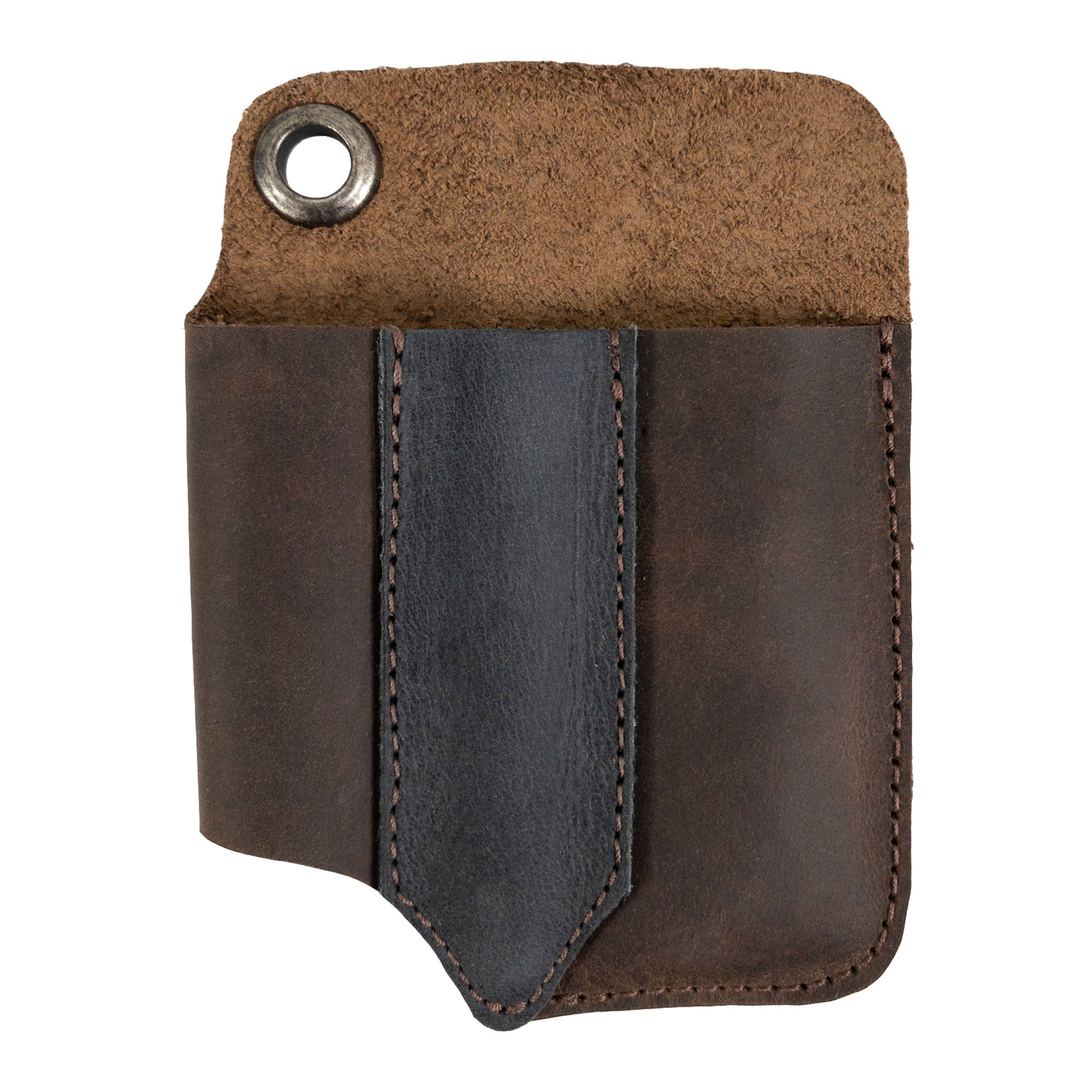 Front view of Compact EDC Tool Holster by Valhalla Gear showcasing the unique leather texture. This handmade full grain leather pocket case is a reliable rustic sleeve for tools, designed for practicality in everyday carry.
