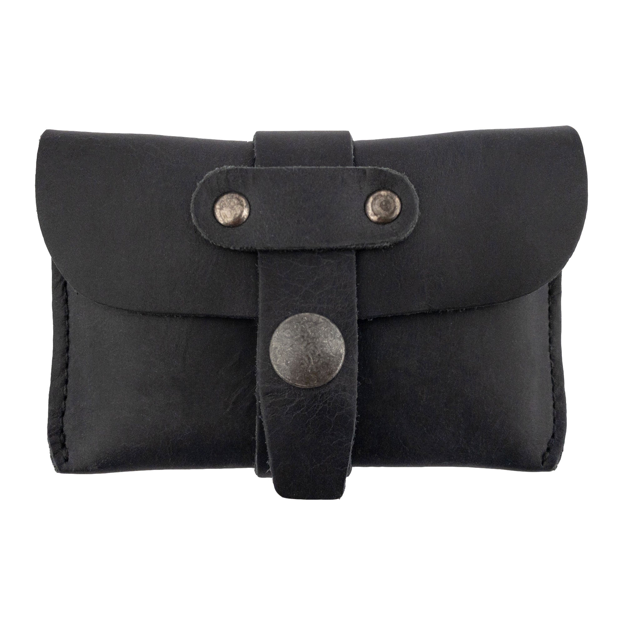 Front view of Hide & Drink's black Credit Card Holder, featuring durable Full Grain Leather. This artisan-crafted minimalist front pocket wallet adds elegance to your everyday essentials, embodying the artisan spirit of small batch production in La Antigua Guatemala.
