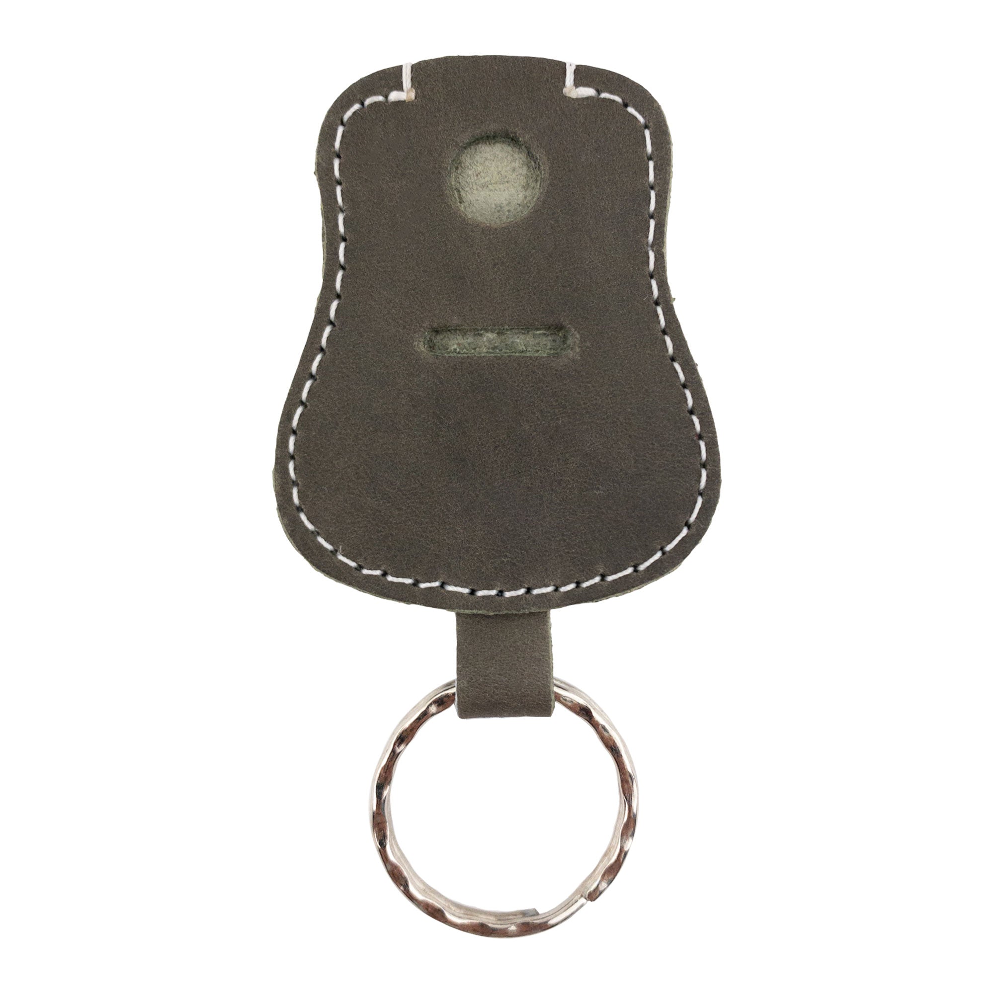 Gray Guitar Keychain by Hide & Drink showing the unique pouch design for keys. Handmade from Full Grain Leather, this keyring highlights the artisan craftsmanship and small batch production from La Antigua Guatemala & Oaxaca Mexico.