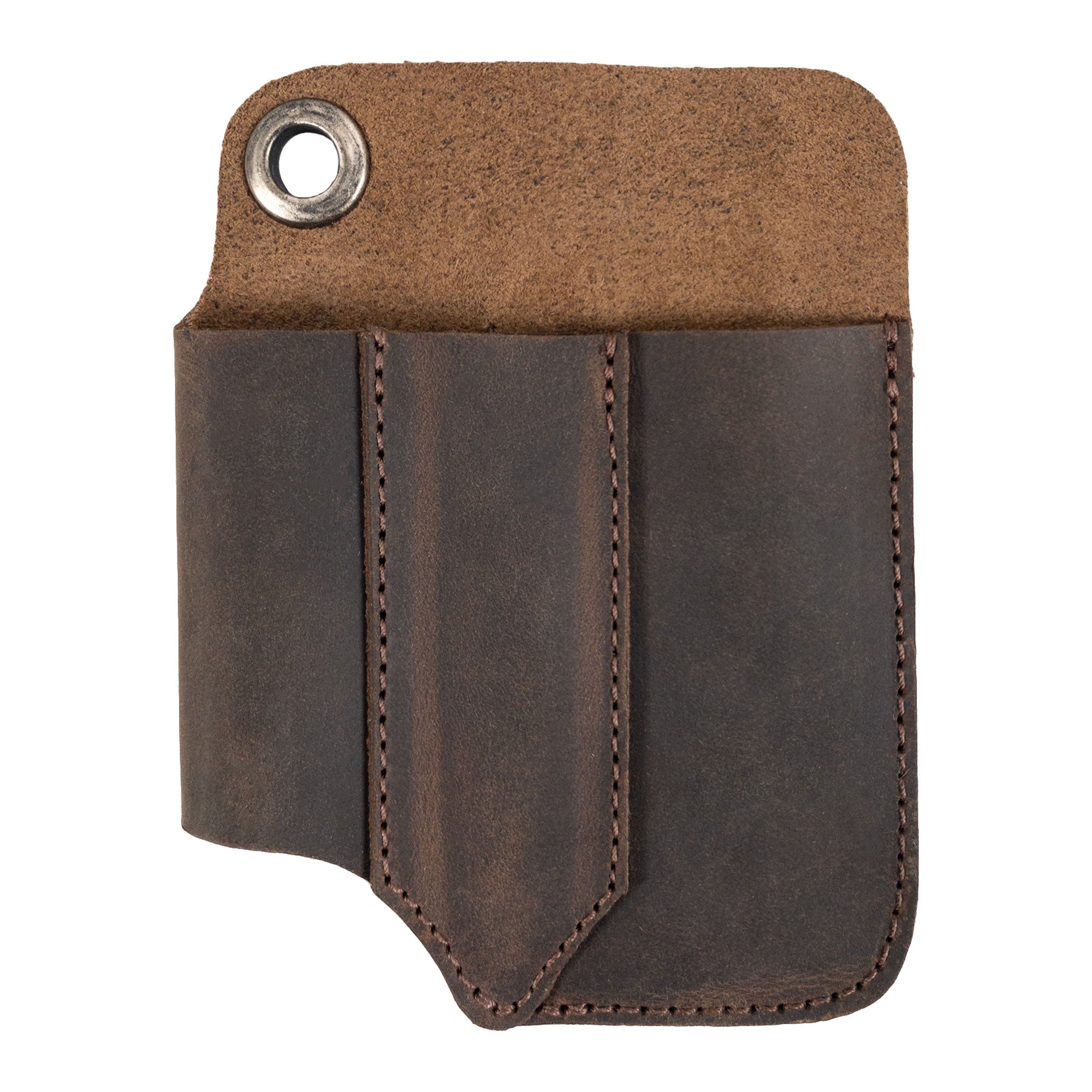 Compact EDC Tool Holster by Valhalla Gear, showcasing a full grain leather exterior and simple design, perfect for carrying essential tools. This rustic sleeve for tools doubles as a pocket case, ideal for everyday carry. Each one is hand cut and sewn, reflecting the quality of small batch production in La Antigua Guatemala.