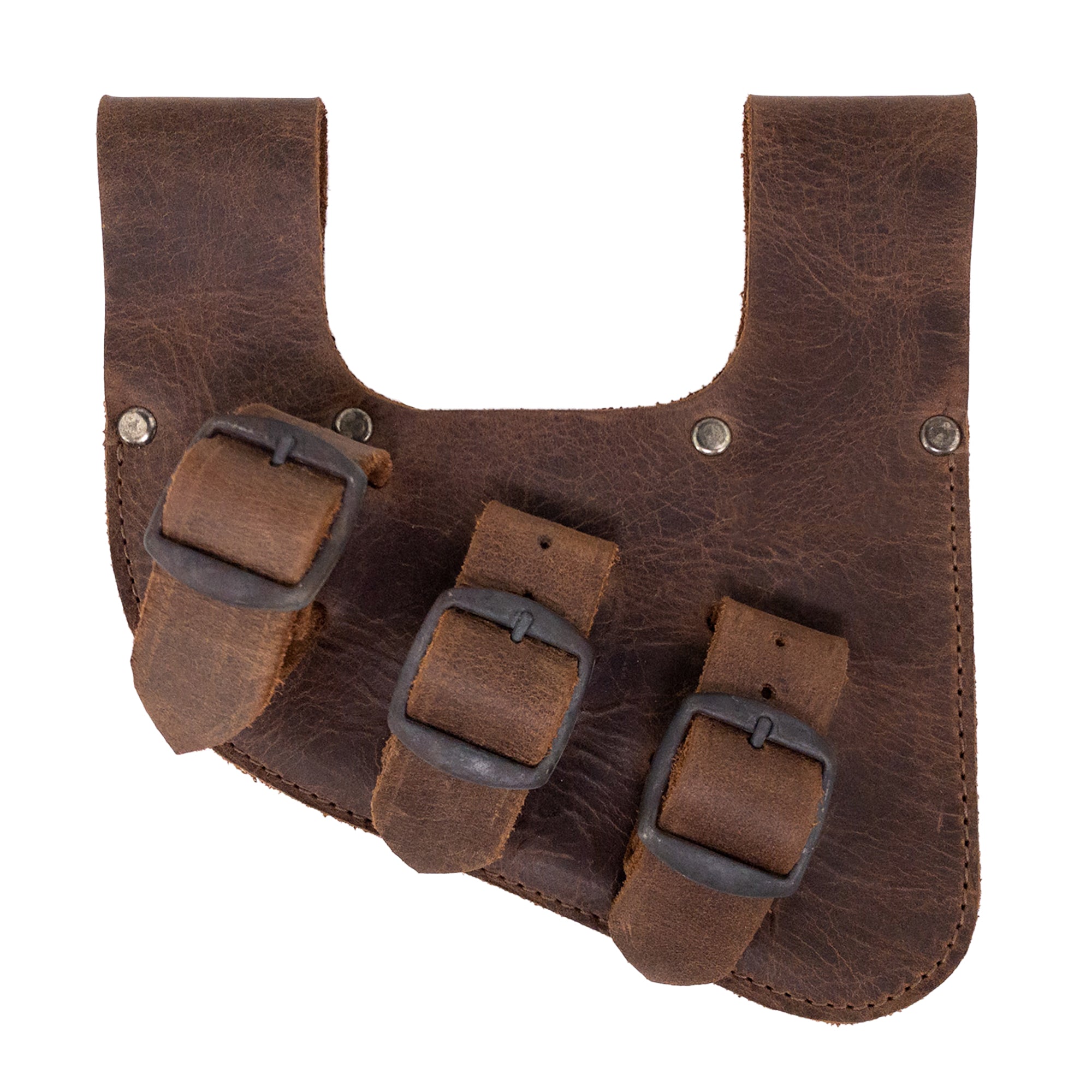 Close-up view of a Medieval Sword Holder with 3 Buckles from Hide & Play, crafted from Full Grain Leather. Perfect for Fantasy Cosplay and as a Historical Costume Accessory. This Sword Holder showcases Small Batch Production techniques, being Hand Cut, Hand Sewn, and Fire Branded by artisans in La Antigua Guatemala & Oaxaca Mexico.