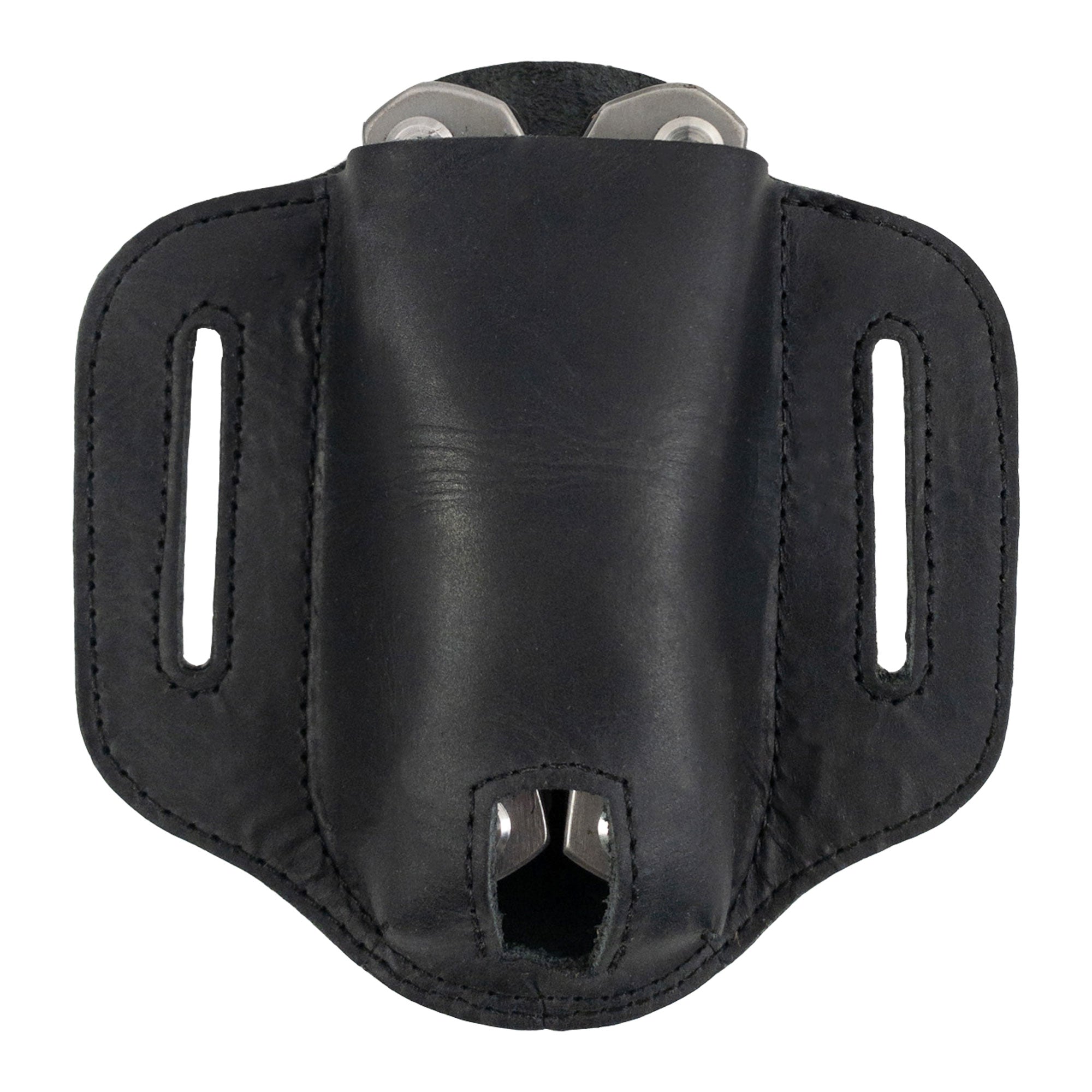 Black Multitool Belt Sheath displayed holding tools securely. Hide & Drink ensures this pocket knife set case is both functional and stylish, handcrafted in La Antigua Guatemala & Oaxaca Mexico, making it an essential outdoor accessory.