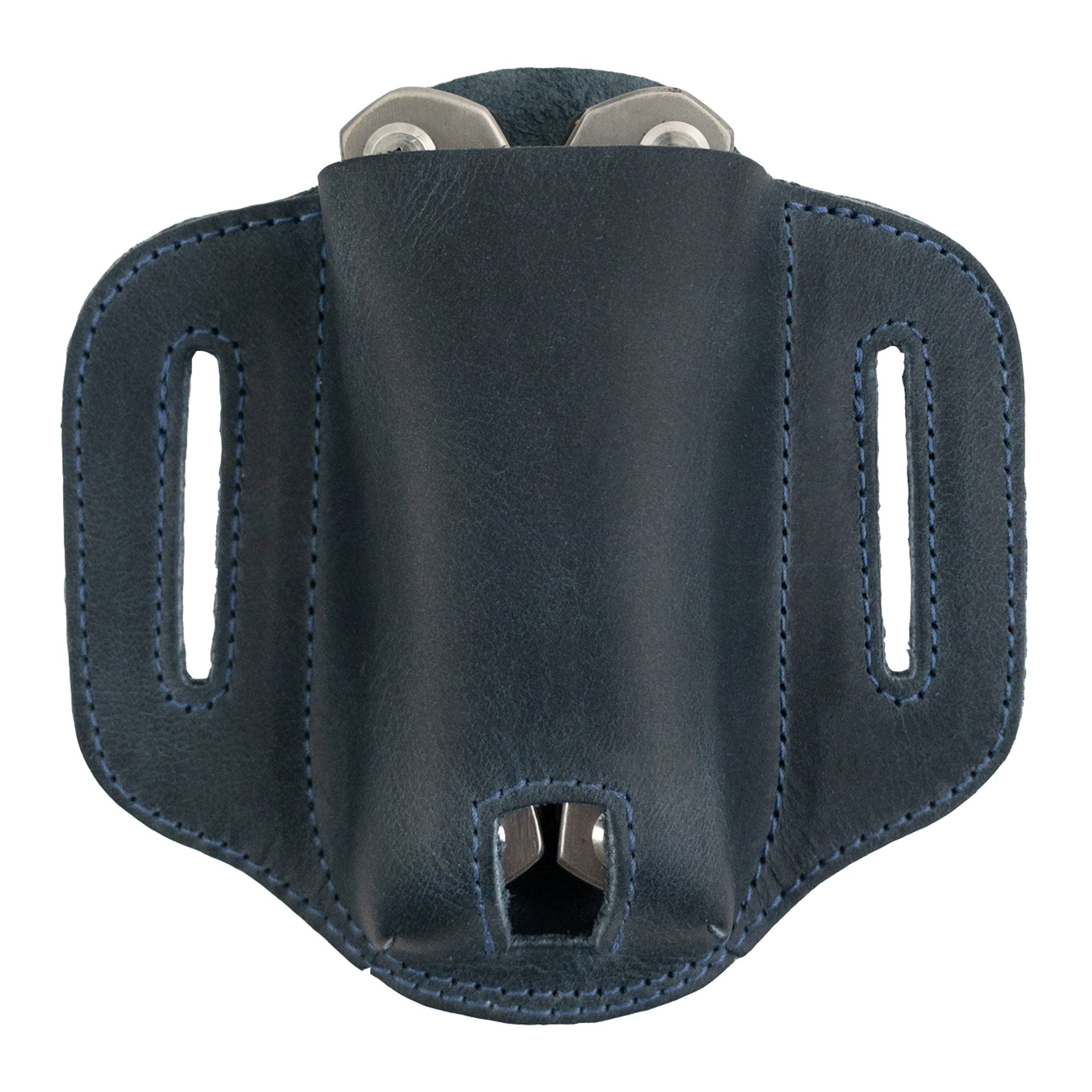 Navy Multitool Belt Sheath by Hide & Drink featuring tools inserted. This pocket knife set case showcases the exceptional craftsmanship of full grain leather, ensuring durability and style for outdoor enthusiasts.