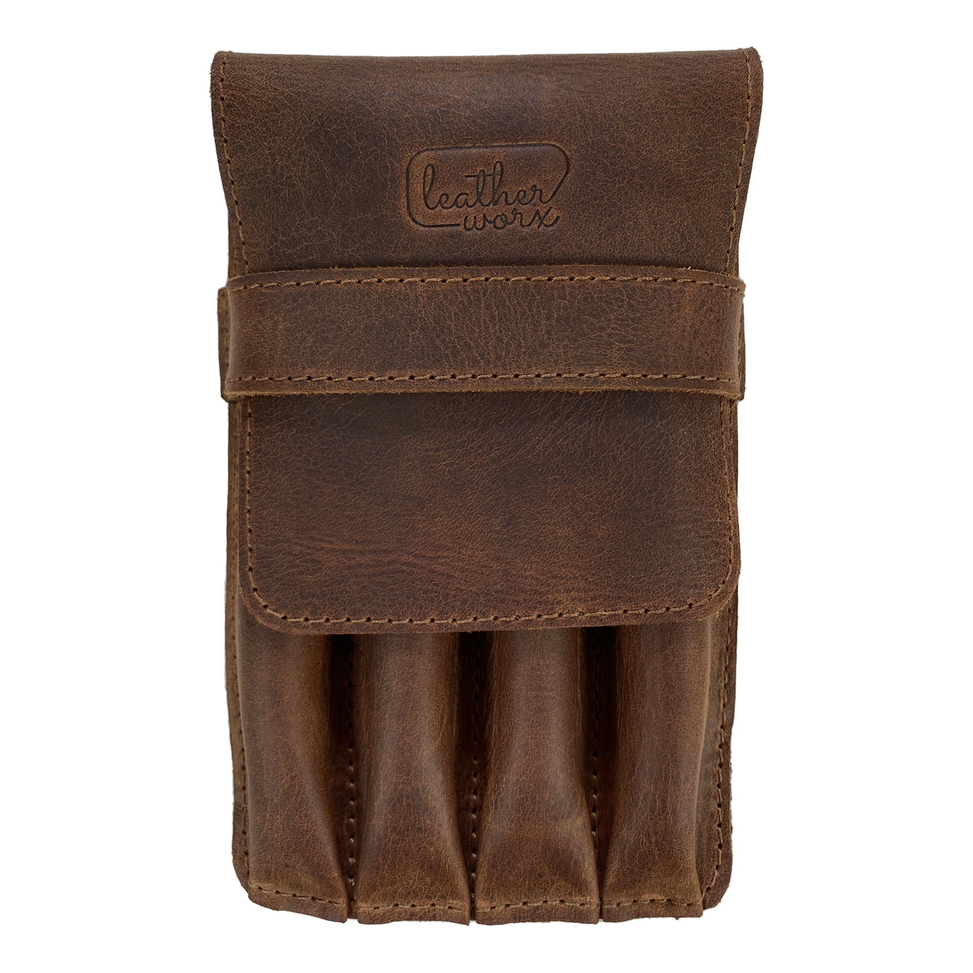 Side view of the Leather Worx 4-Pen Holder in warm brown full grain leather, showcasing its minimalist style and classic design. Ideal for any desk, this handmade pencil case highlights artisan techniques of small batch production, fire branding, and meticulous hand sewing from La Antigua Guatemala.