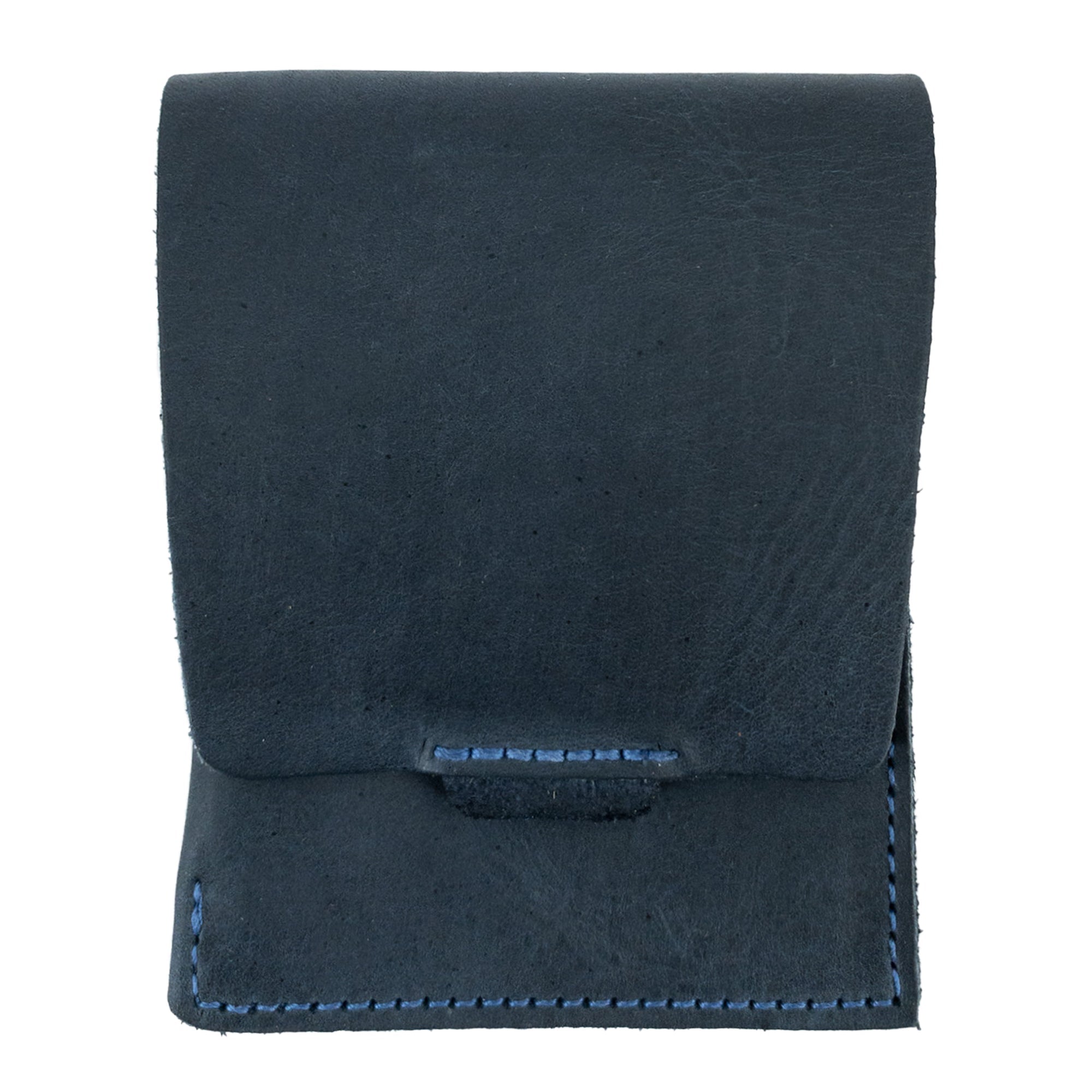 Hide & Drink Slim Card Holder in blue leather, a stylish vertical card holder designed to hold 4 cards and folded bills. This artisan handmade pocket wallet emphasizes full grain leather quality and the artistry of La Antigua Guatemala.
