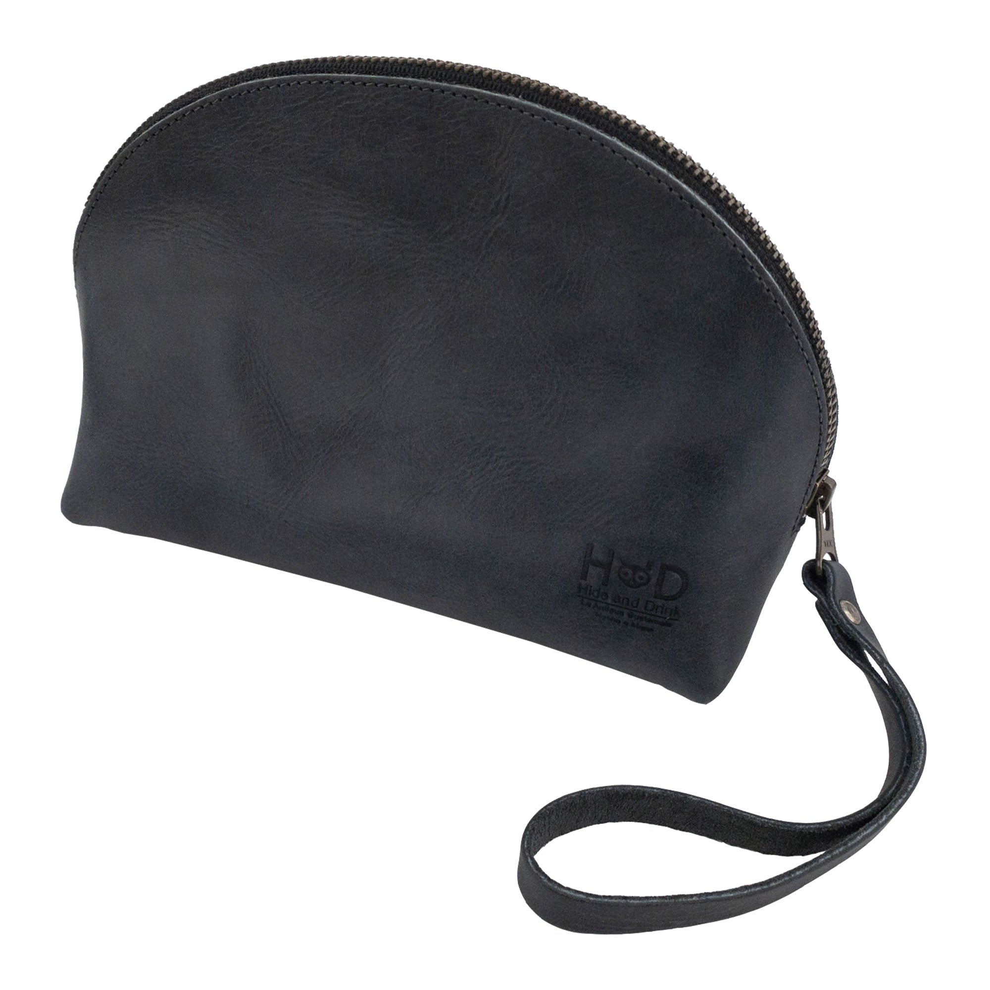 Stylish Accessory Pouch Organizer Hand Bag in black leather by Hide & Drink, showcasing full grain quality. This Cosmetic Travel Organizer with Hand Strap for Women serves as a chic Makeup Bag or Classic Handbag, highlighting artisan craftsmanship from La Antigua Guatemala & Oaxaca Mexico.