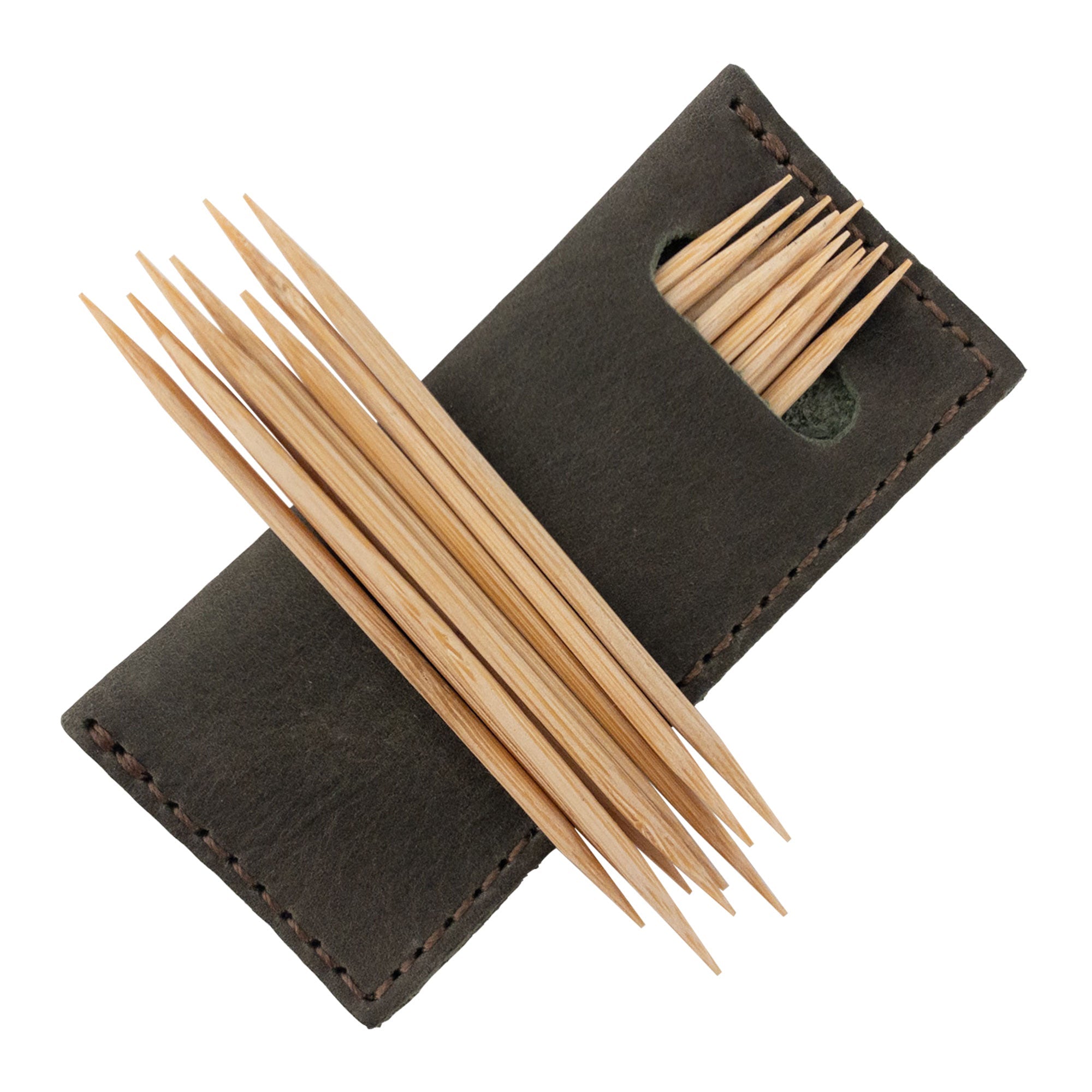 Hide & Drink Tooth Pick Case (4 Pack) featuring another style of a leather toothpick holder with toothpicks inside. Set of 4 Tooth Pick Cases, Cooking Accessories, Full Grain Leather, StockyardX, Small Batch Production, Hand Cut, Hand Sewn, Fire Branded, Artisan, Handmade in La Antigua Guatemala & Oaxaca Mexico.