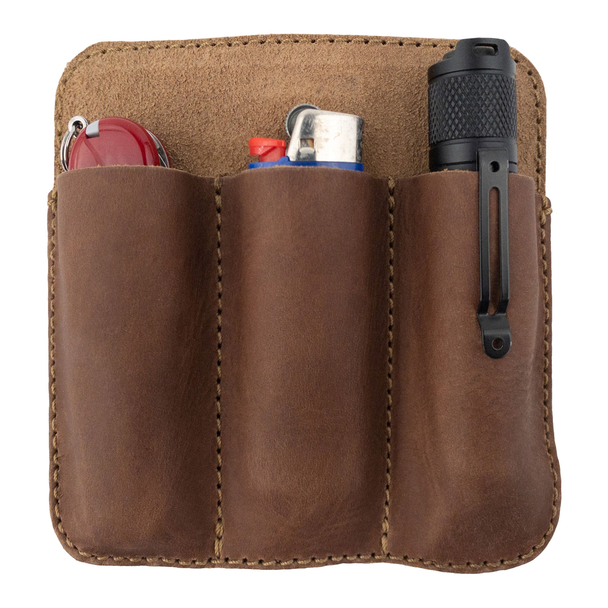 Hide & Drink Minimalist Tool Pocket with common tools inside, showcasing its usefulness. This Full Grain Leather Tool Pocket Pouch is crafted through dedicated artisan techniques in La Antigua Guatemala, promoting the ideals of StockyardX's small batch production.