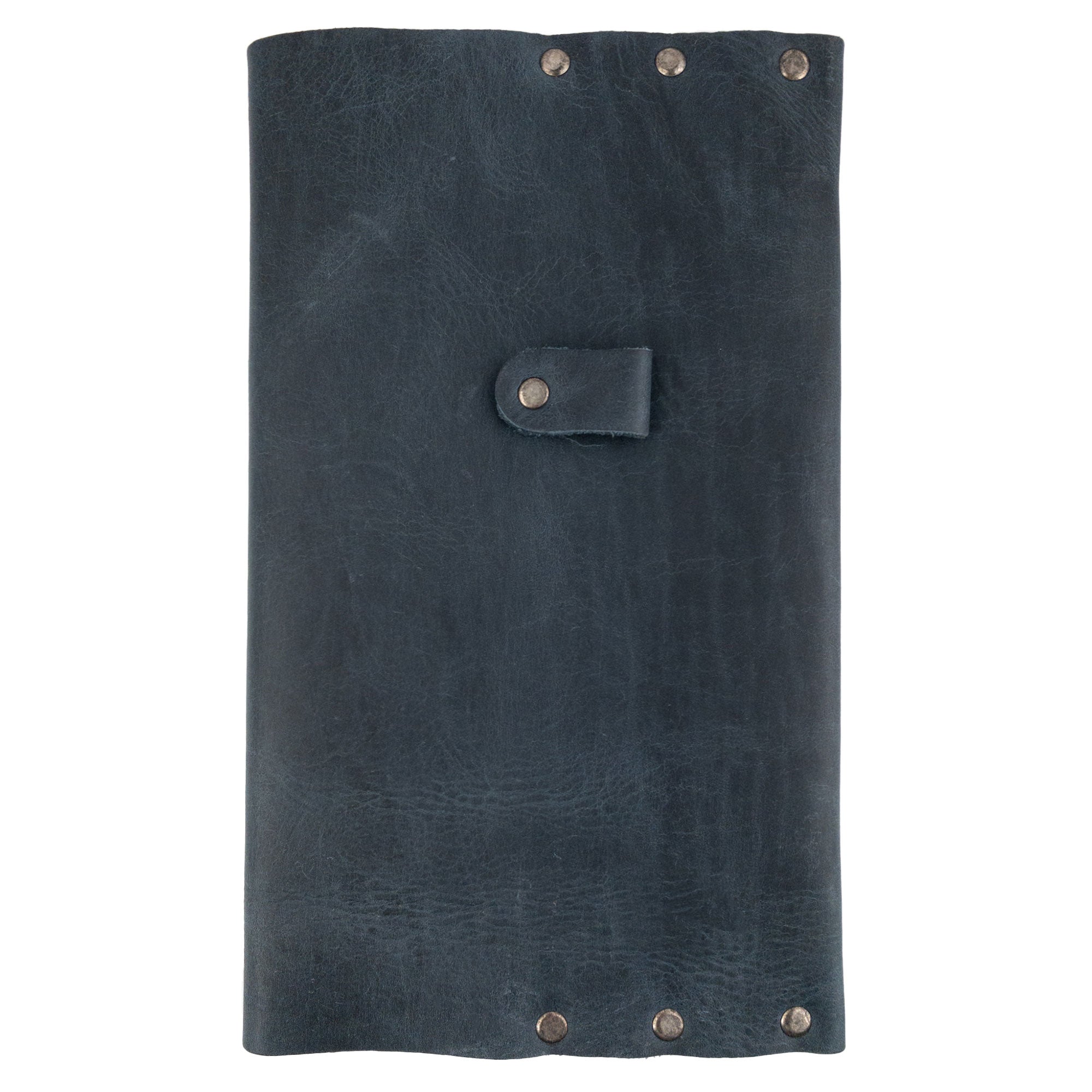 Front view of the closed Riveted Journal Cover (5 x 8.50 in.) from Hide & Drink, featuring rivets and a soft full grain leather finish. This classic sleeve is perfect for notebooks not included and showcases artisan craftsmanship from La Antigua Guatemala & Oaxaca Mexico.