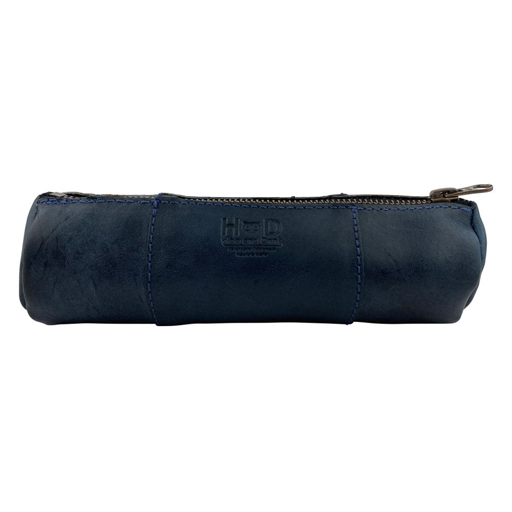 Utility Cylinder Case by Hide & Drink made from navy leather, combining rustic charm with modern functionality. Ideal for office supplies or personal items, this handmade bag is crafted from Full Grain Leather. Cylinder Case, Handmade, Classic Bag.