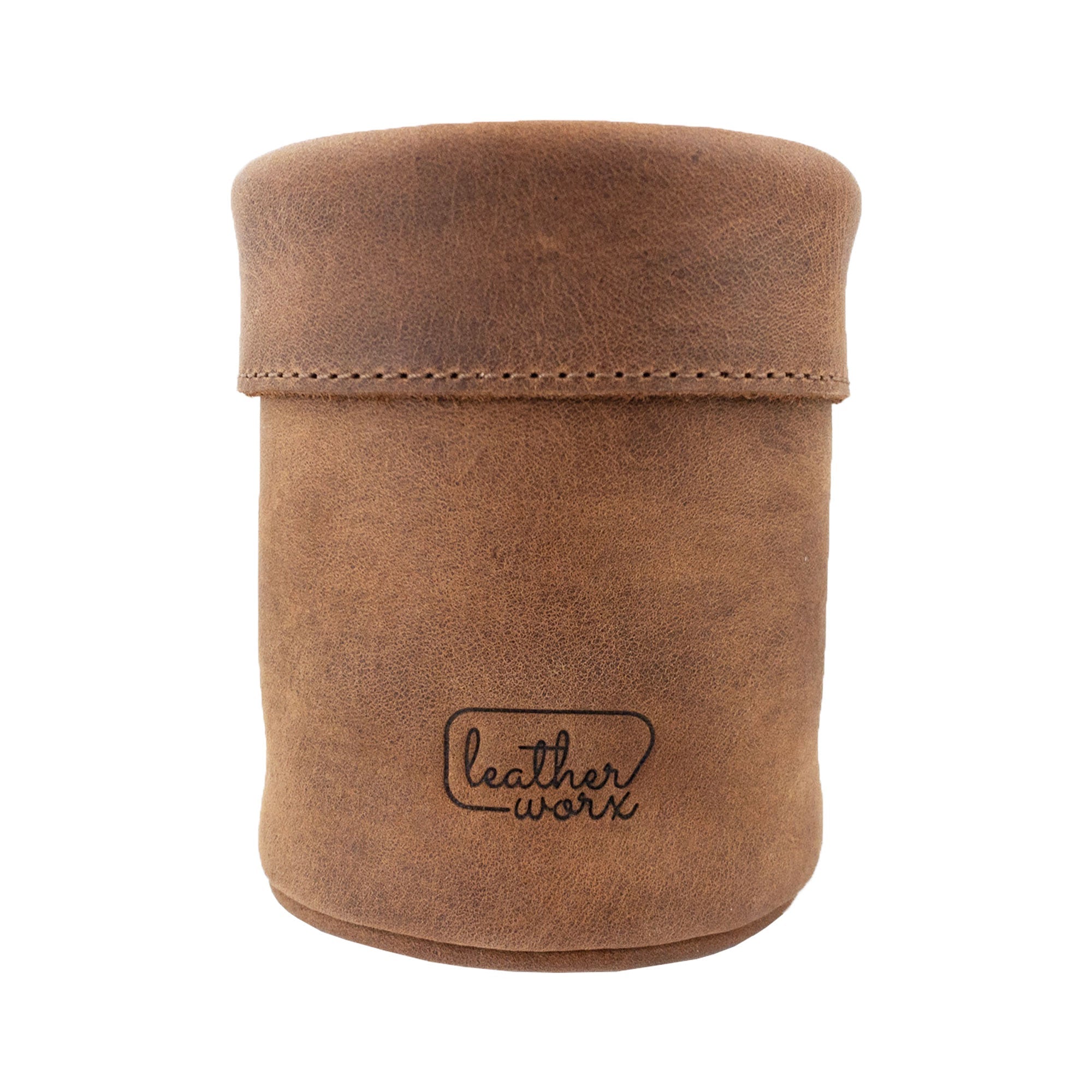 Sleek Leather Worx Pen Organizer standing upright, showcasing its elegant full grain leather texture. This Pen Organizer Cylinder Pencil Holder is an ideal work accessory for your desk, emphasizing artisan, handmade construction and small batch production in La Antigua Guatemala & Oaxaca Mexico.