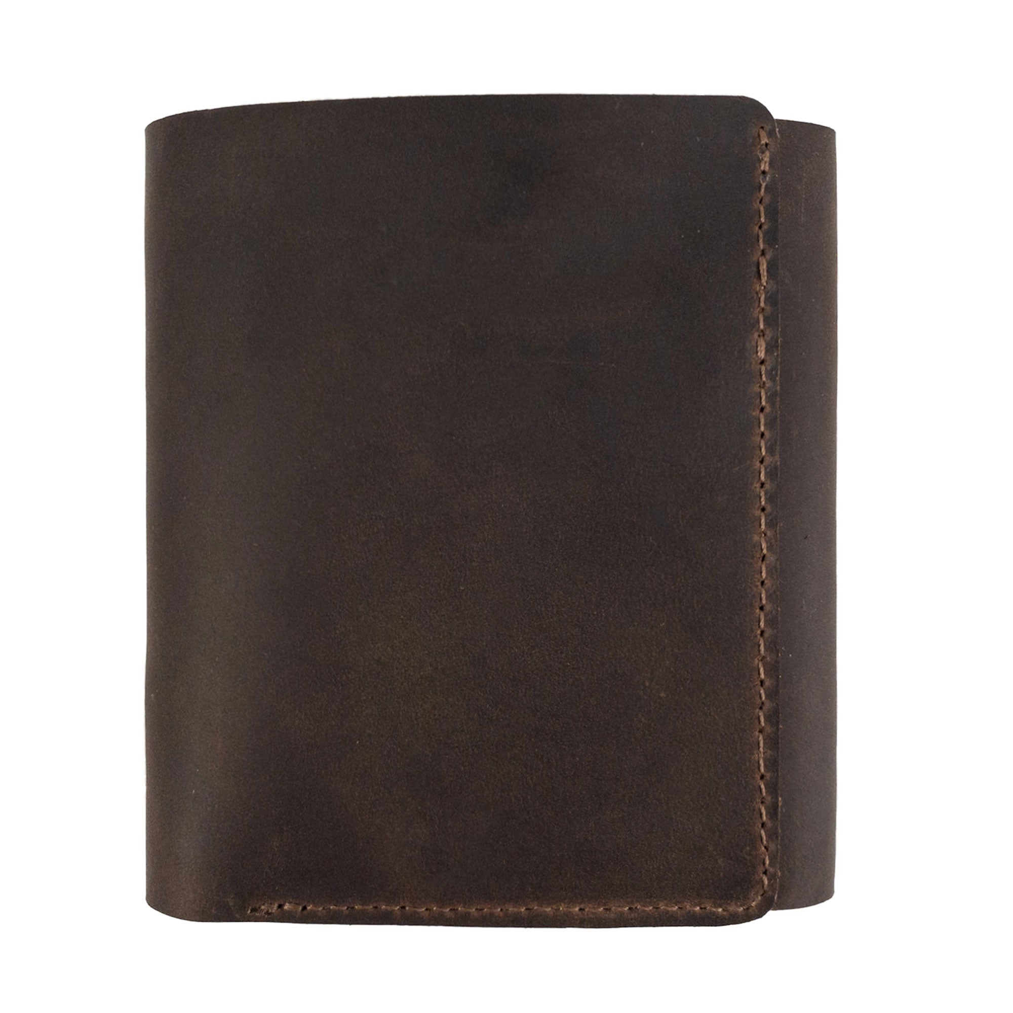 Front view of the Classic Trifold Wallet by Hide & Drink, made from rich Full Grain Leather. A perfect example of Artisan handmade quality, it's crafted using Small Batch Production methods in La Antigua Guatemala & Oaxaca, Mexico.