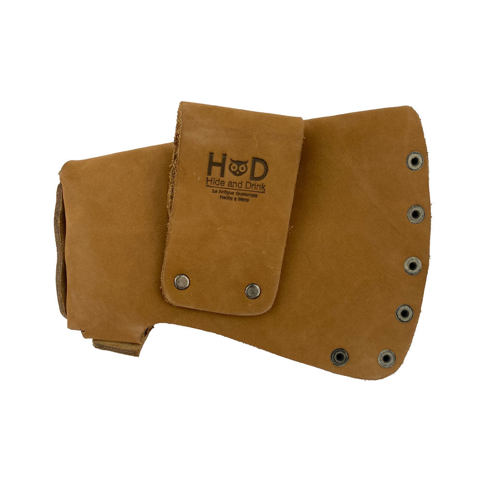 Hide & Drink Hatchet Head Sheath in elegant tan leather, crafted to be a functional and stylish holster for 1.5 in. belts. This axe head case serves as an essential blade cover for lumberjack outdoors work, reflecting small batch artisan quality.