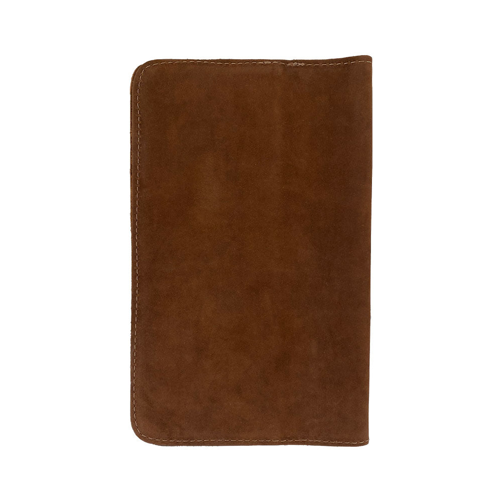 Back view of a brown Journal Cover for Moleskine Cahier L (5 x 8.25 in.) by Hide & Drink, highlighting its elegant finish. Designed for large size (5 x 8.25 in.) notebooks, this refillable cover is made from durable full grain leather.