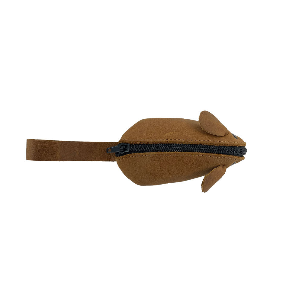 Top view of Hide & Drink's Mouse Coin Pouch showcasing its fun design, made from full grain leather. This Mouse-Shaped Coin Pouch is a perfect travel accessory, featuring a zipper closure for easy coin access, ideal for loose change organization.