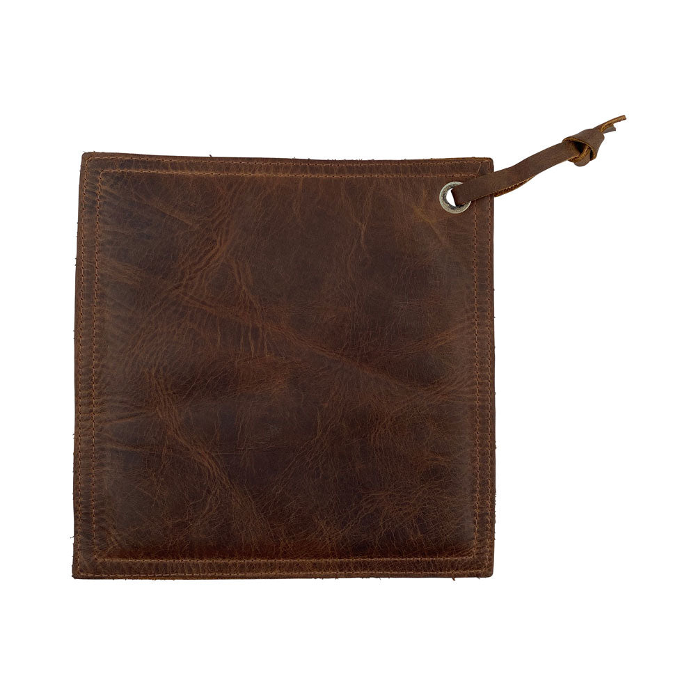 Back view of the Hide & Drink Pot Pad in dark brown leather. This handcrafted hot pot pad features a double-layered construction for longevity and style.