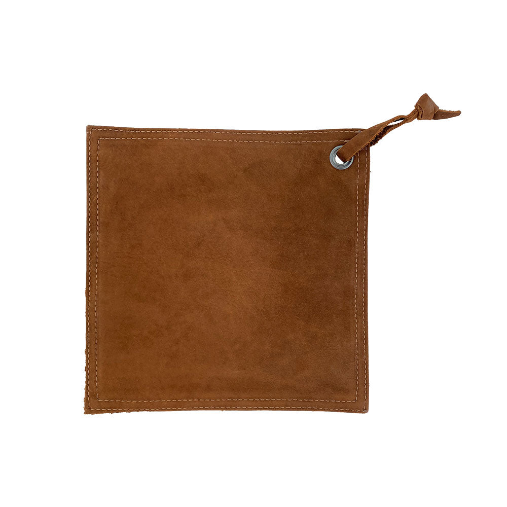 Back view of Hide & Drink Pot Pad showcasing its premium suede and rustic leather finish. This double-layered potholder is designed for hot cookware, made with full grain leather through small batch production.