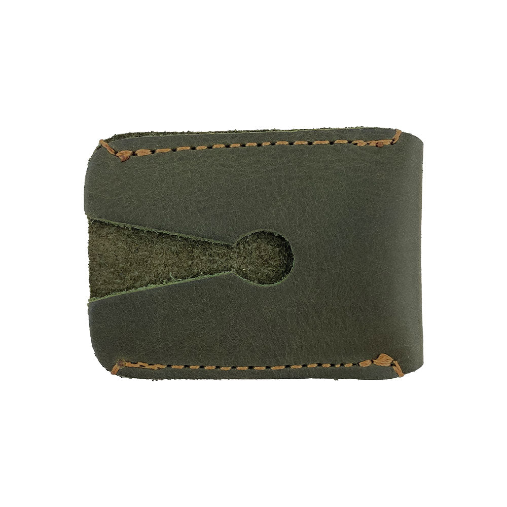 Top view of Razor Head Cover by Hide & Drink, illustrating the unique design of the double edge safety razor head protective sheath made from full grain leather, artisan crafted and ideal for safe travel protection.
