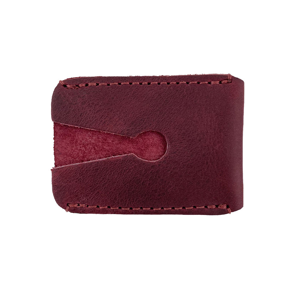 Razor Head Cover from Hide & Drink, front view highlighting a smooth finish and expertly cut leather. This double edge safety razor head protective sheath is both durable and stylish, made by artisans in Guatemala.