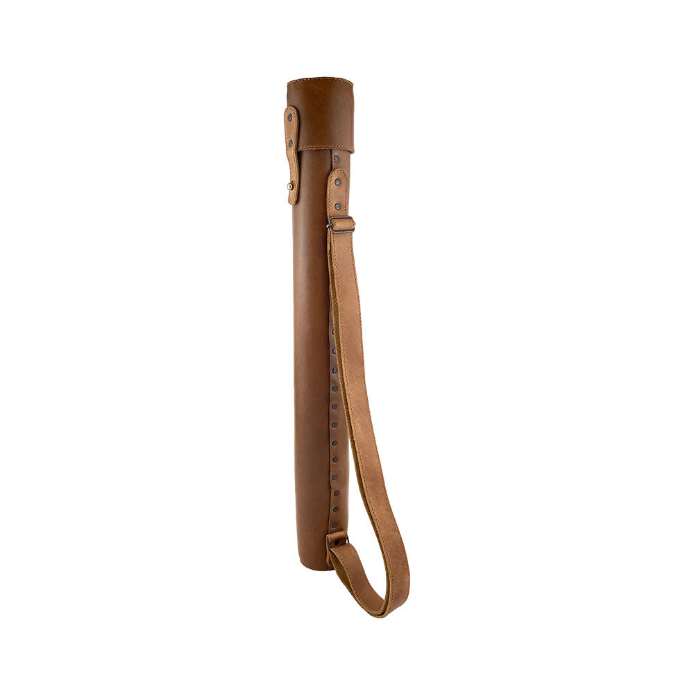 Hide & Drink's Blueprint Tube (A2 Paper Size) displayed standing upright, showcasing its sleek design. This full grain leather tube comes with an adjustable strap, illustrating the artisan craftsmanship and dedication to quality from StockyardX, handmade in La Antigua Guatemala & Oaxaca Mexico.